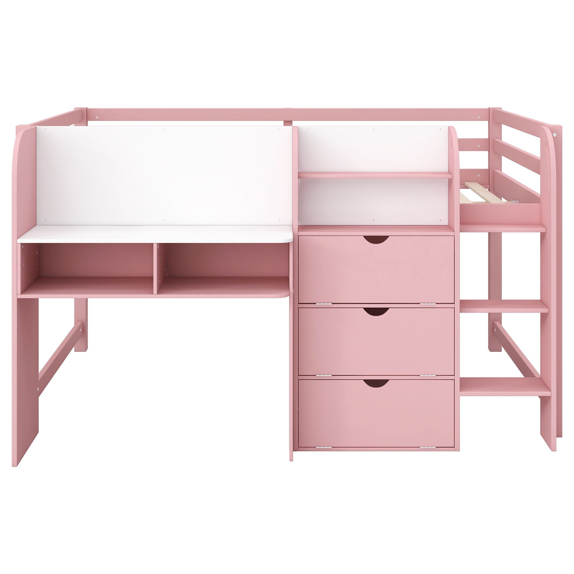 Low Loft Bed With Built In Desk, Storage Cabinets, Open Bookcase And Doodle board