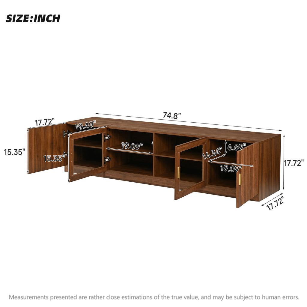 TV Stand, Media Console With Glass Doors And LED Lights, Adjustable Shelf Storage - Walnut