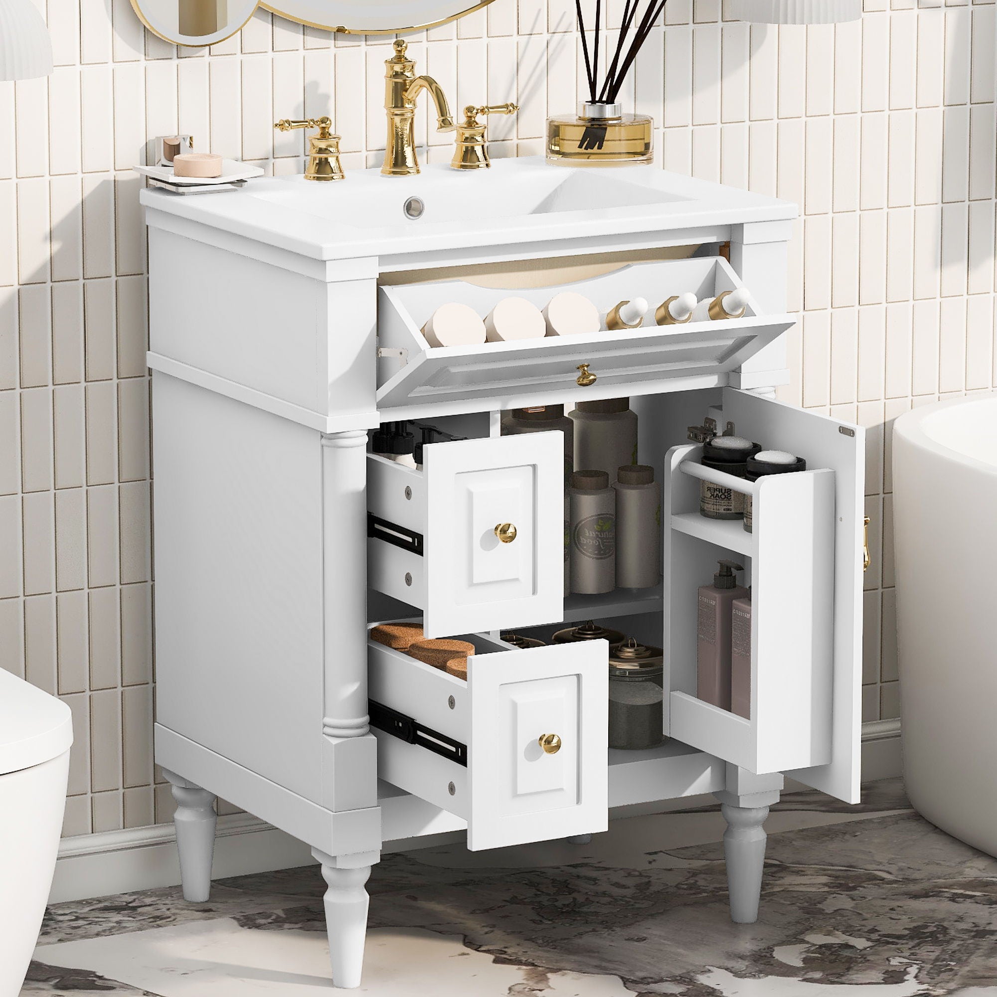 Freestanding Bathroom Vanity With Sink, Adjustable Shelf & Flip Drawer