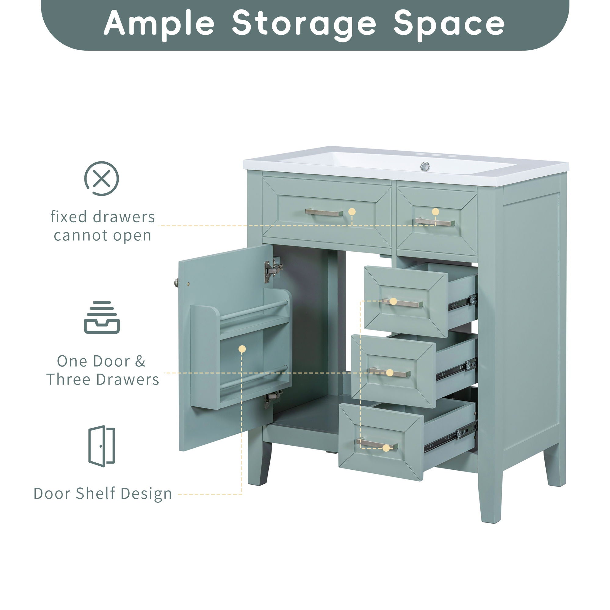 Modern Bathroom Vanity With Sink Combo, 3 Drawers, Undermount Drop-In Sink
