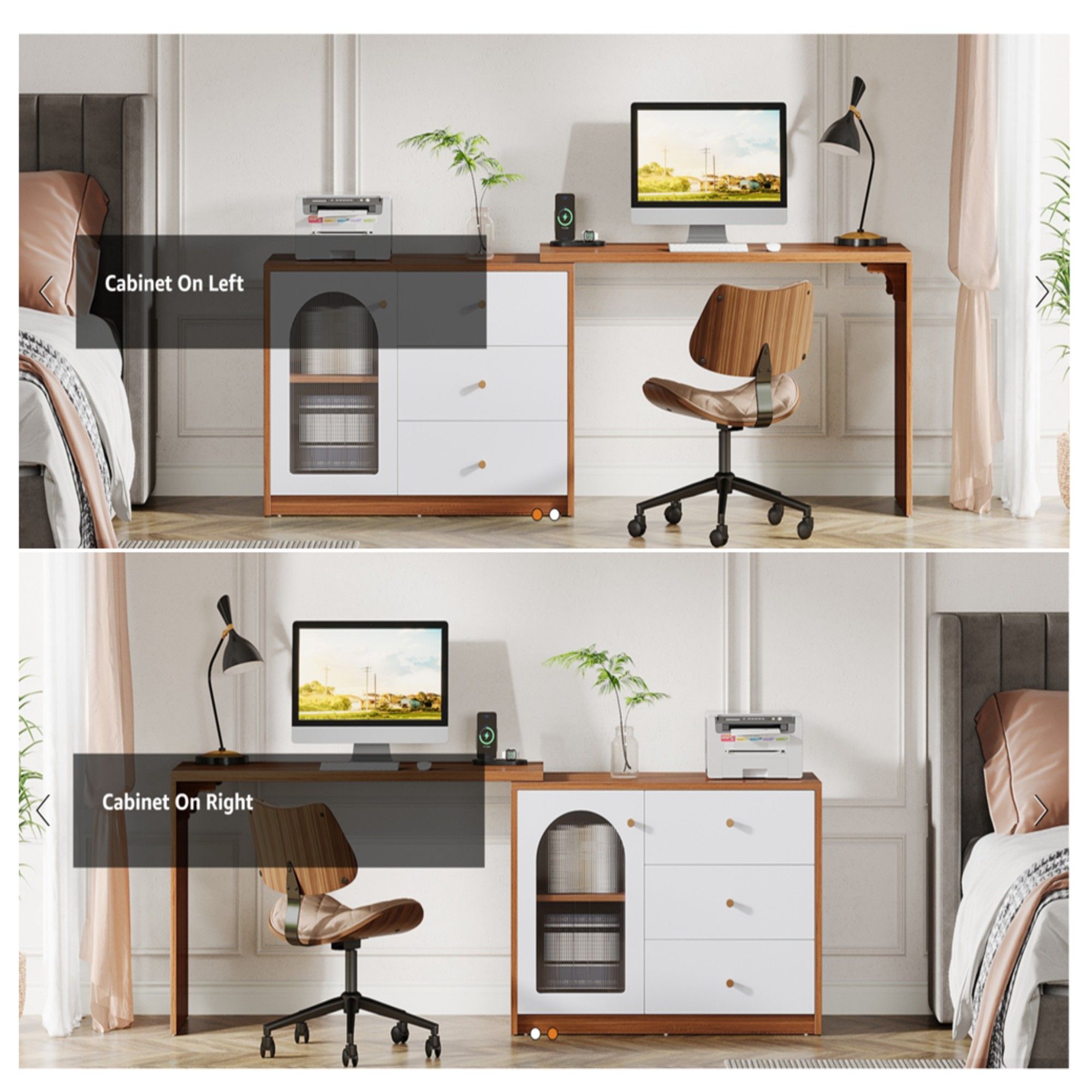 L - Shaped Computer Desk With Drawers, Reversible Corner Workstation For Home Office - Brown / White