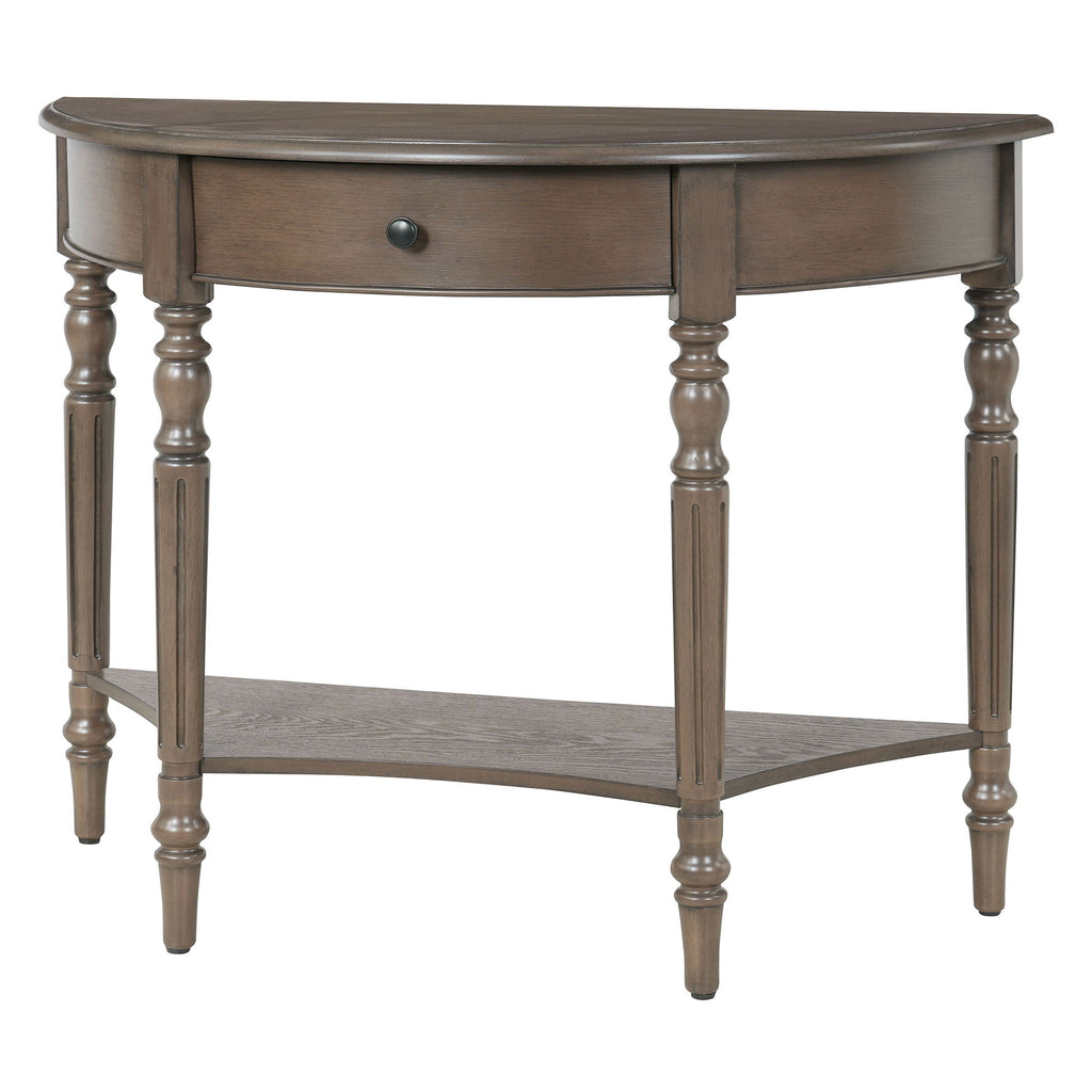 Half Moon Console Table With Drawer & Shelf For Living Room - Walnut