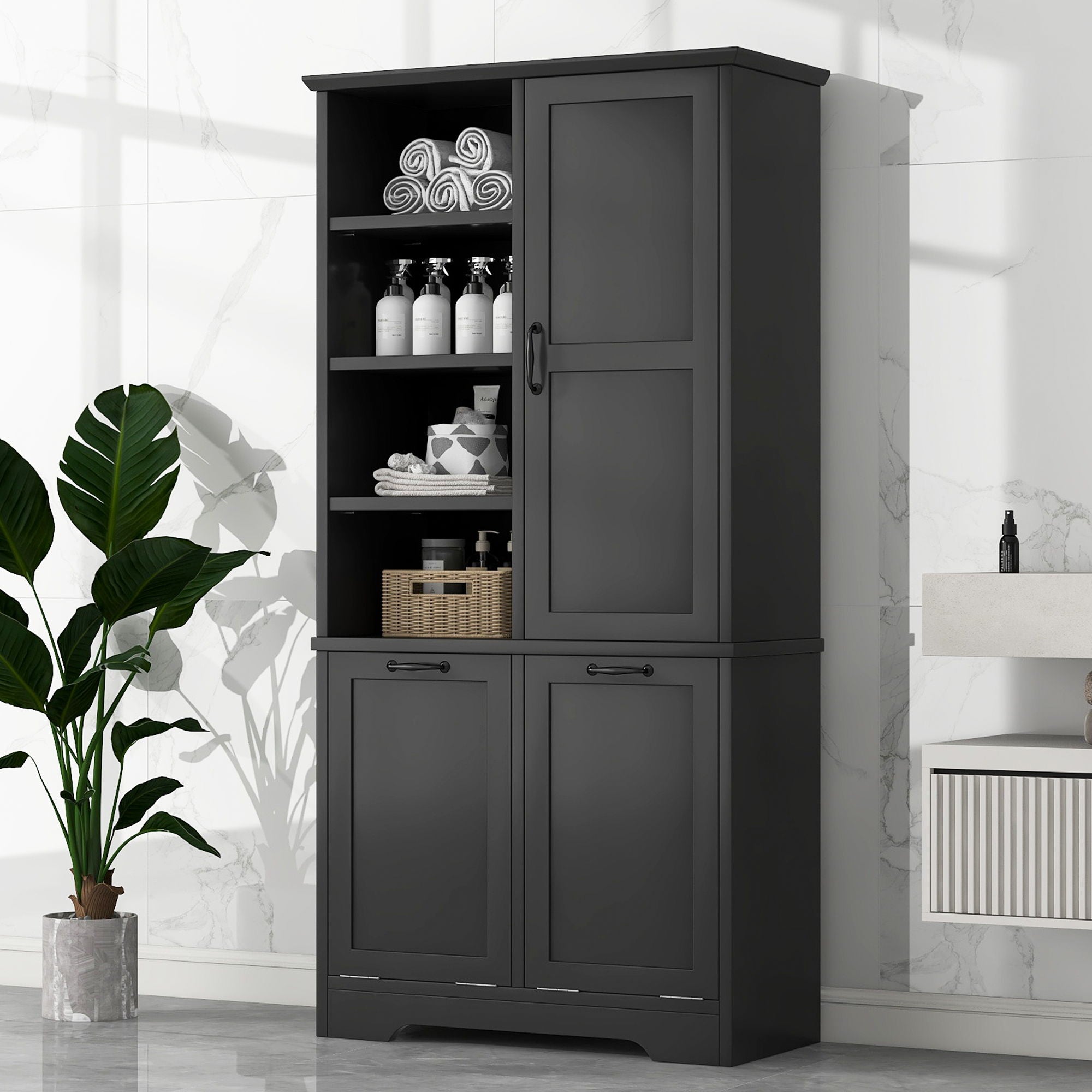 Freestanding Bathroom Storage Cabinet With Doors And Drawers, Adjustable Shelves, Tilt-Out Laundry Hamper