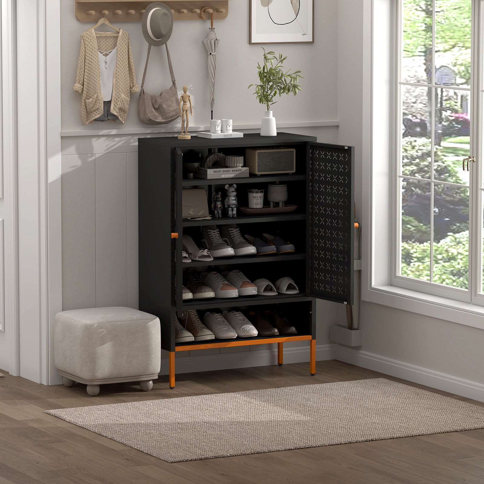 Grid Double Door Shoe Cabinet With Adjustable Compartments And Moisture-Proof Design In Metal