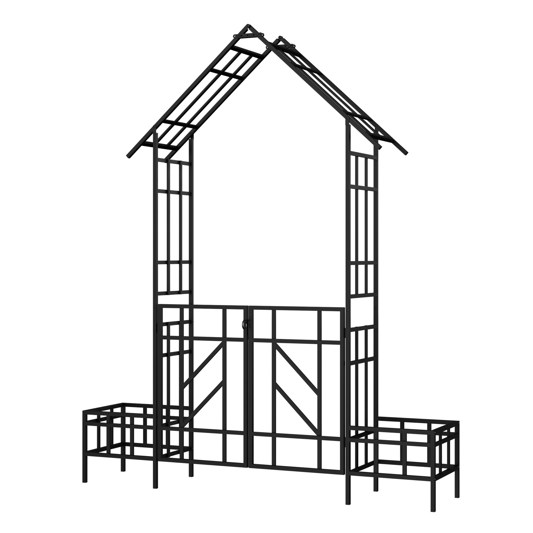 Garden Arch With Gate With Planter, Climbing Plants Support Outdoor - Black