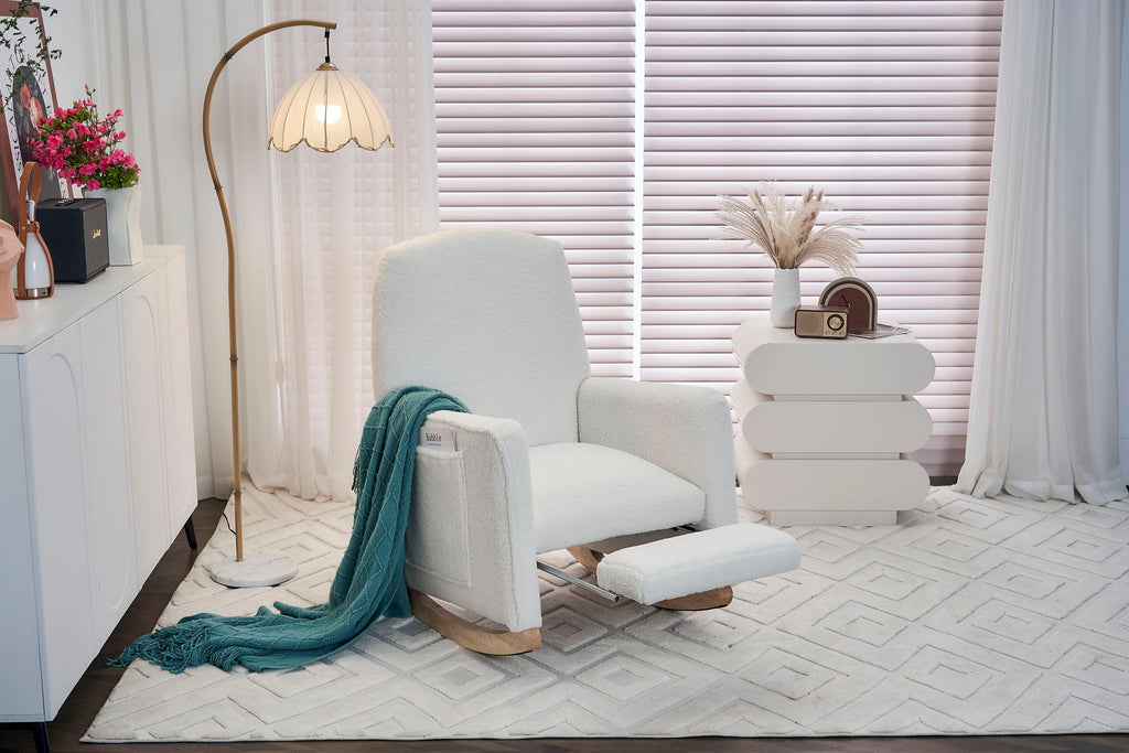 Teddy Fabric Nursery Rocking Chair With Adjustable Footrest - Ivory