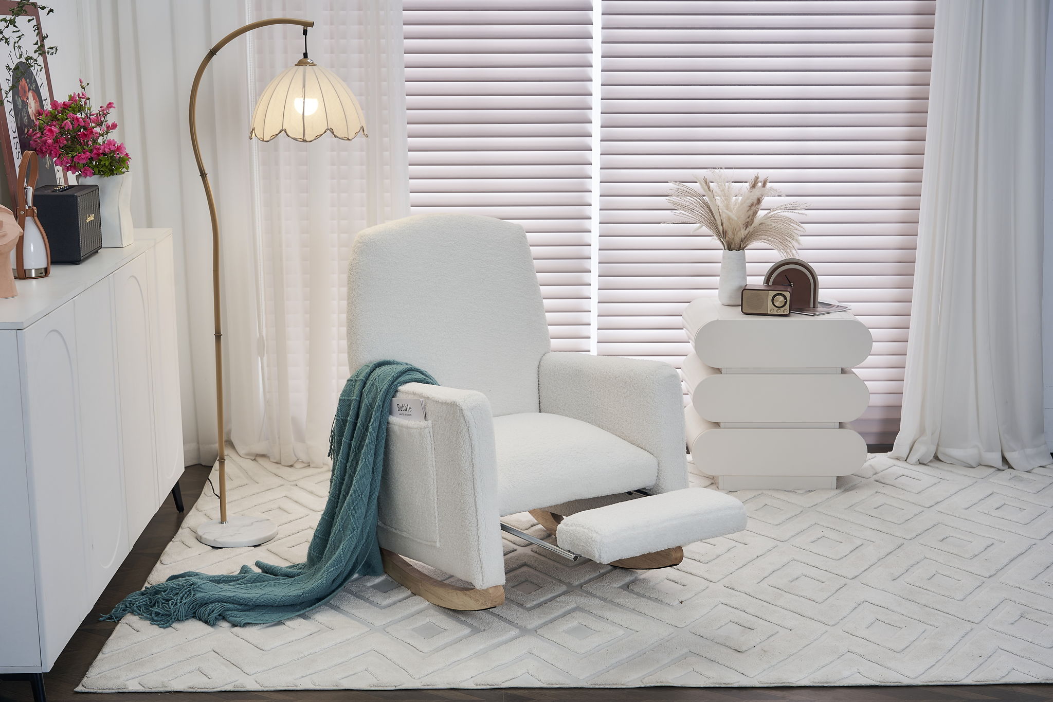 Teddy Fabric Nursery Rocking Chair With Adjustable Footrest - Ivory