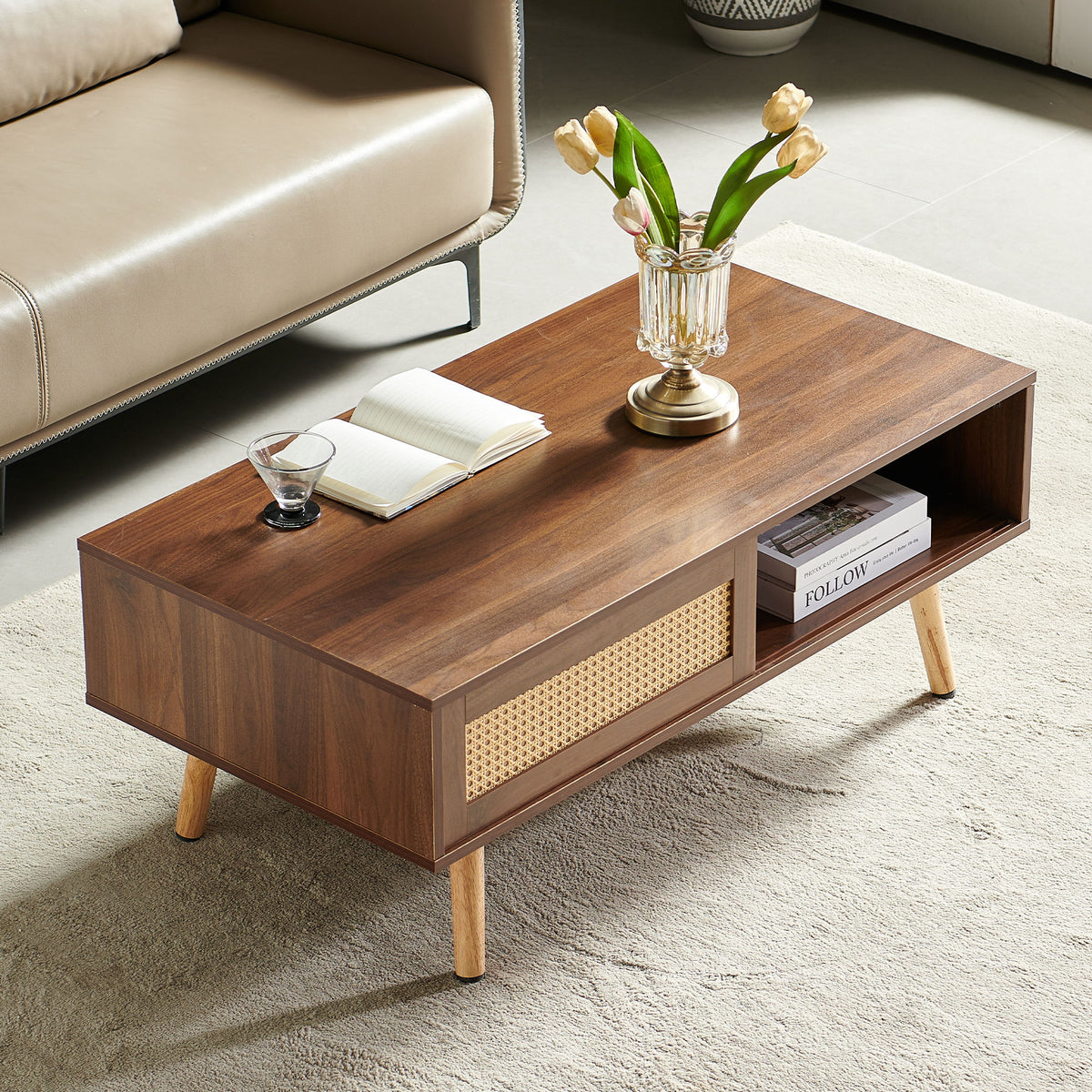 41.34" Rattan Coffee Table, Sliding Door For Storage, Solid Wood Legs, Modern Table For Living Room