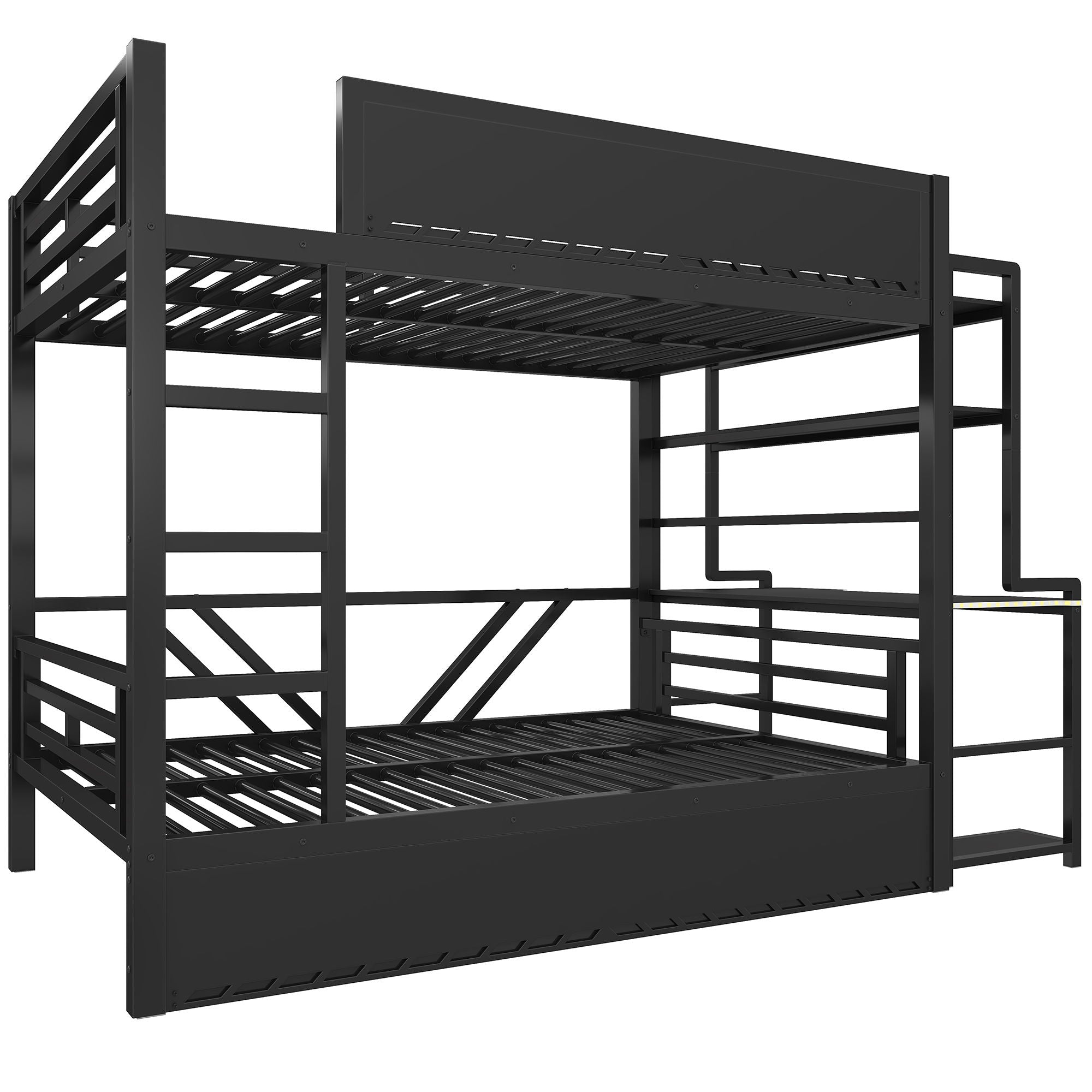 Full Gaming Bunk Bed With Desk, Two Storage Shelves And LED Light - Black