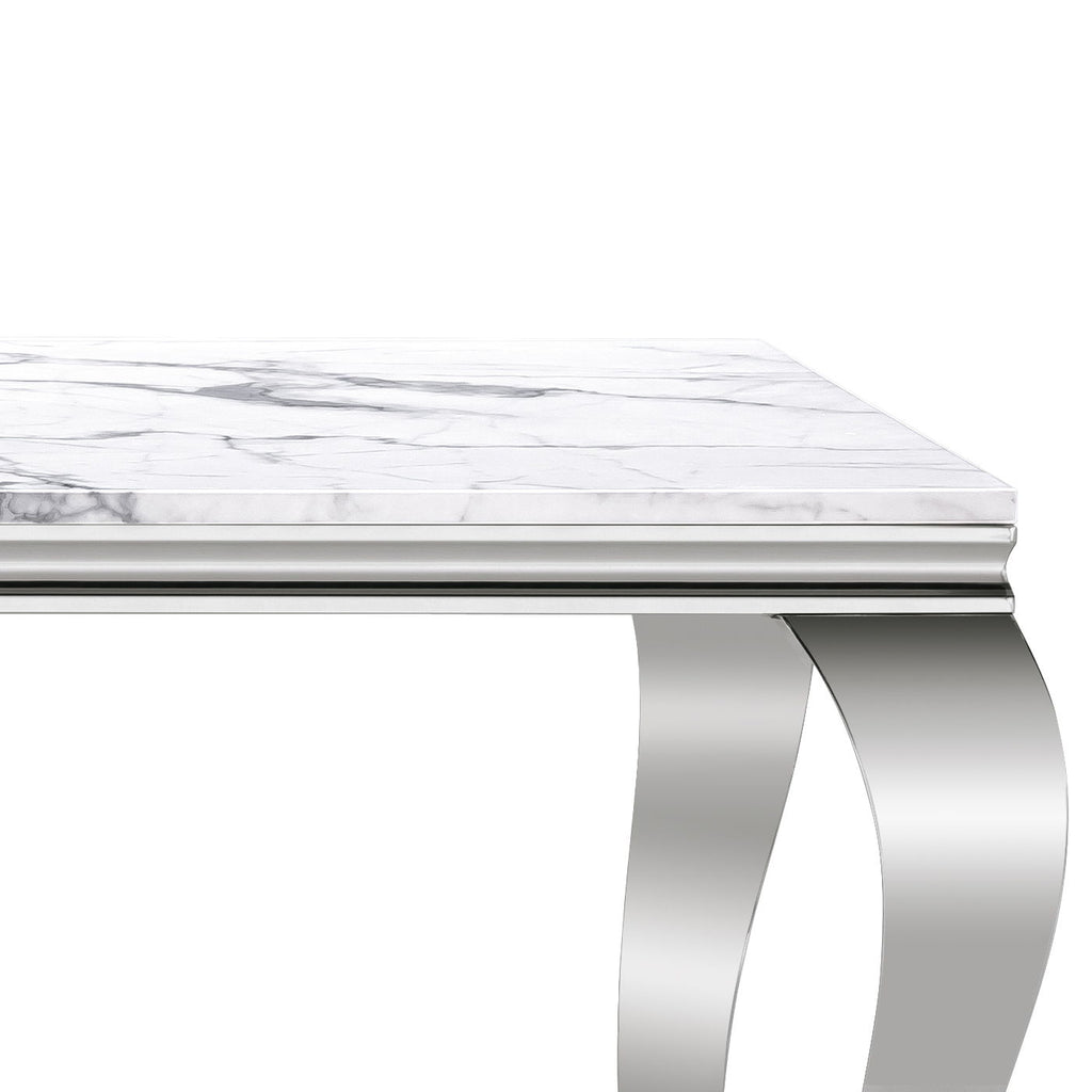 Marble Printed Rectangular Dining Table, Frame And Stainless Steel Legs - Silver / White
