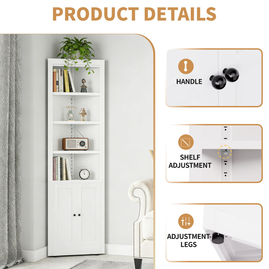 Tall Corner Storage Cabinet With 2 Doors, 5-Tier With Adjustable Shelve, Freestanding - White