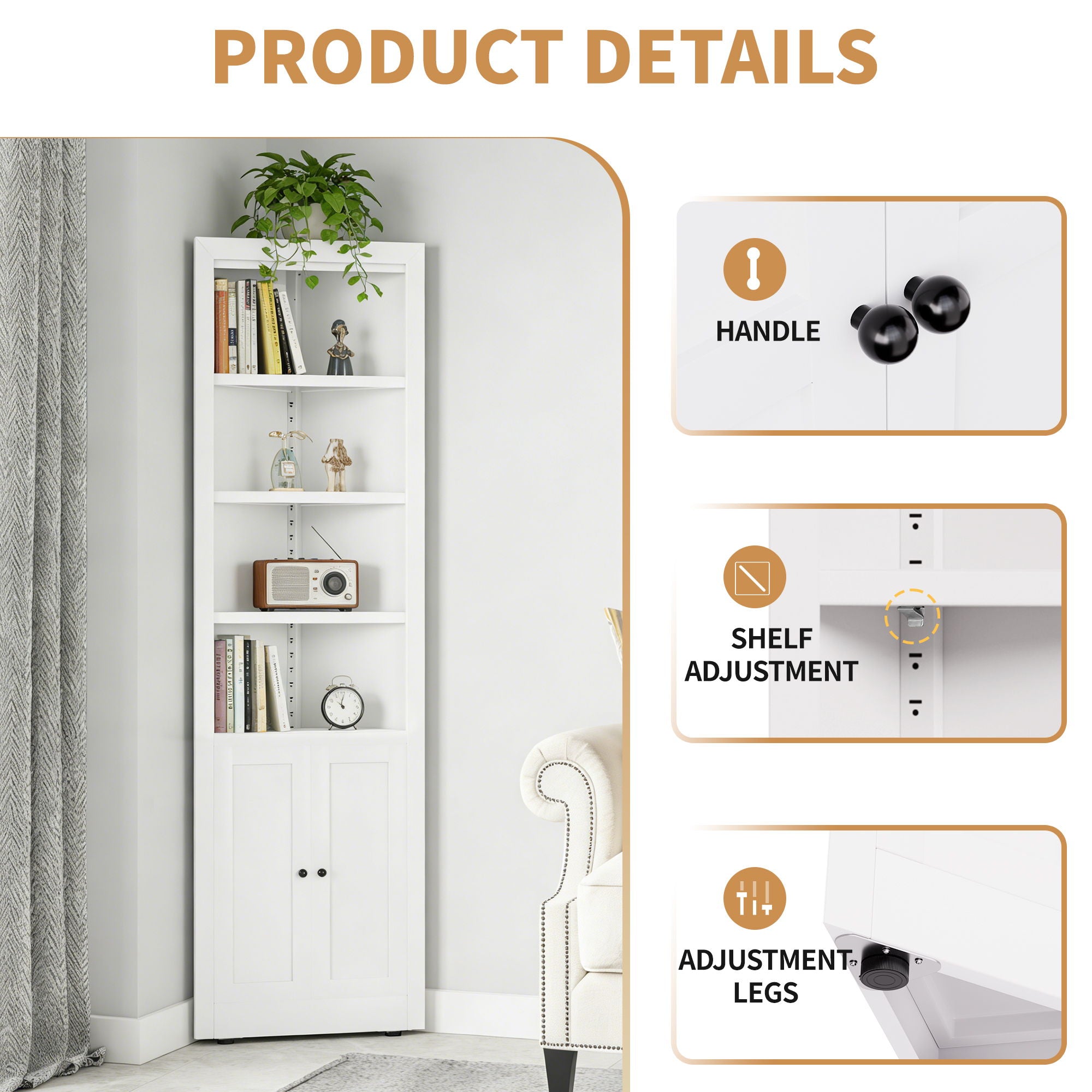 Tall Corner Storage Cabinet With 2 Doors, 5-Tier With Adjustable Shelve, Freestanding - White