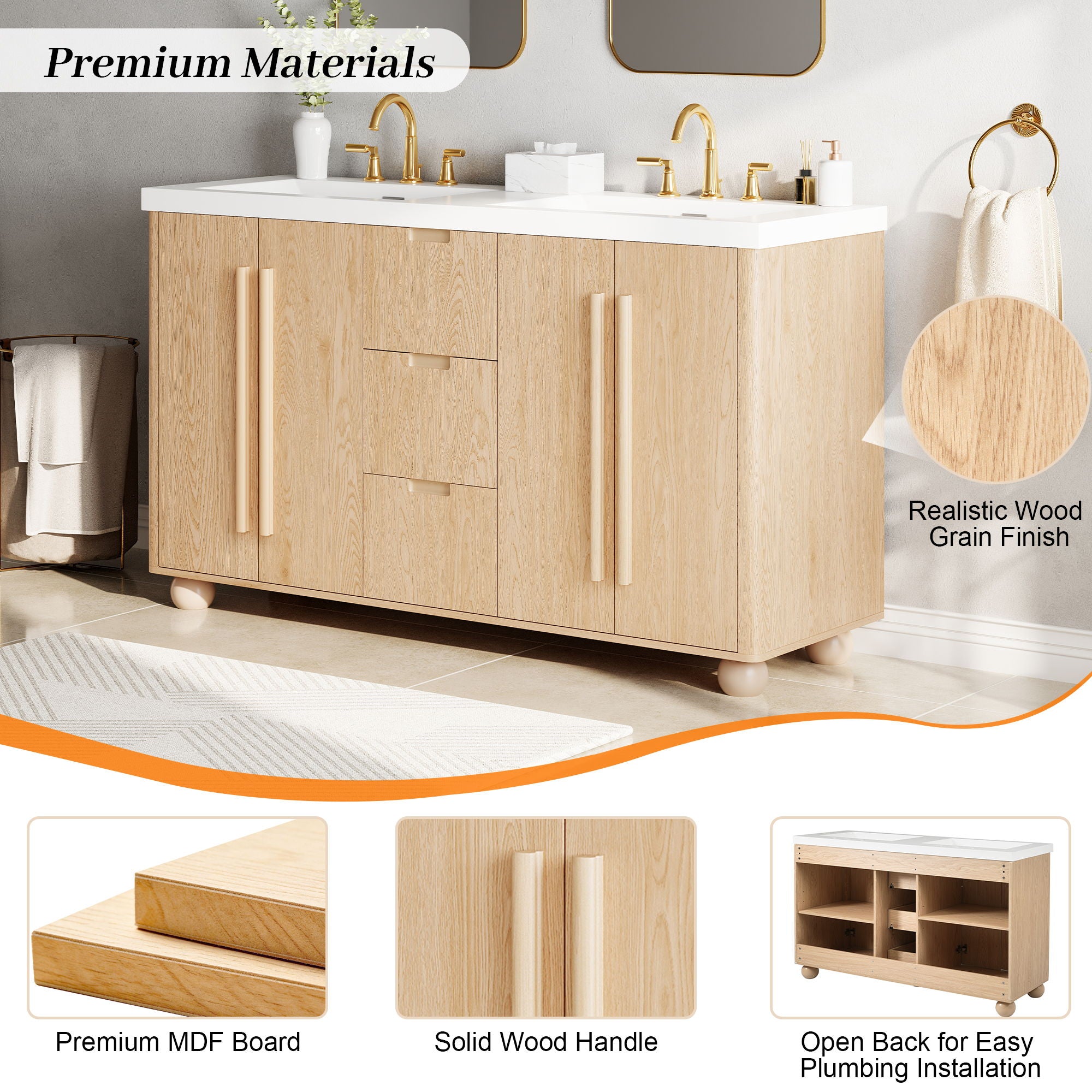 Double Sink Bathroom Vanity With Sinks, Soft Close Doors & 3 Drawers - Wood