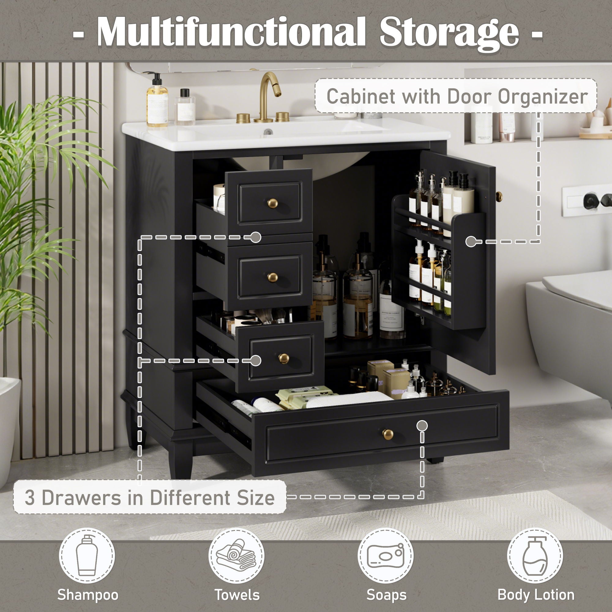 Freestanding Bathroom Vanity With Sink, Soft Close Door, 3 Drawers