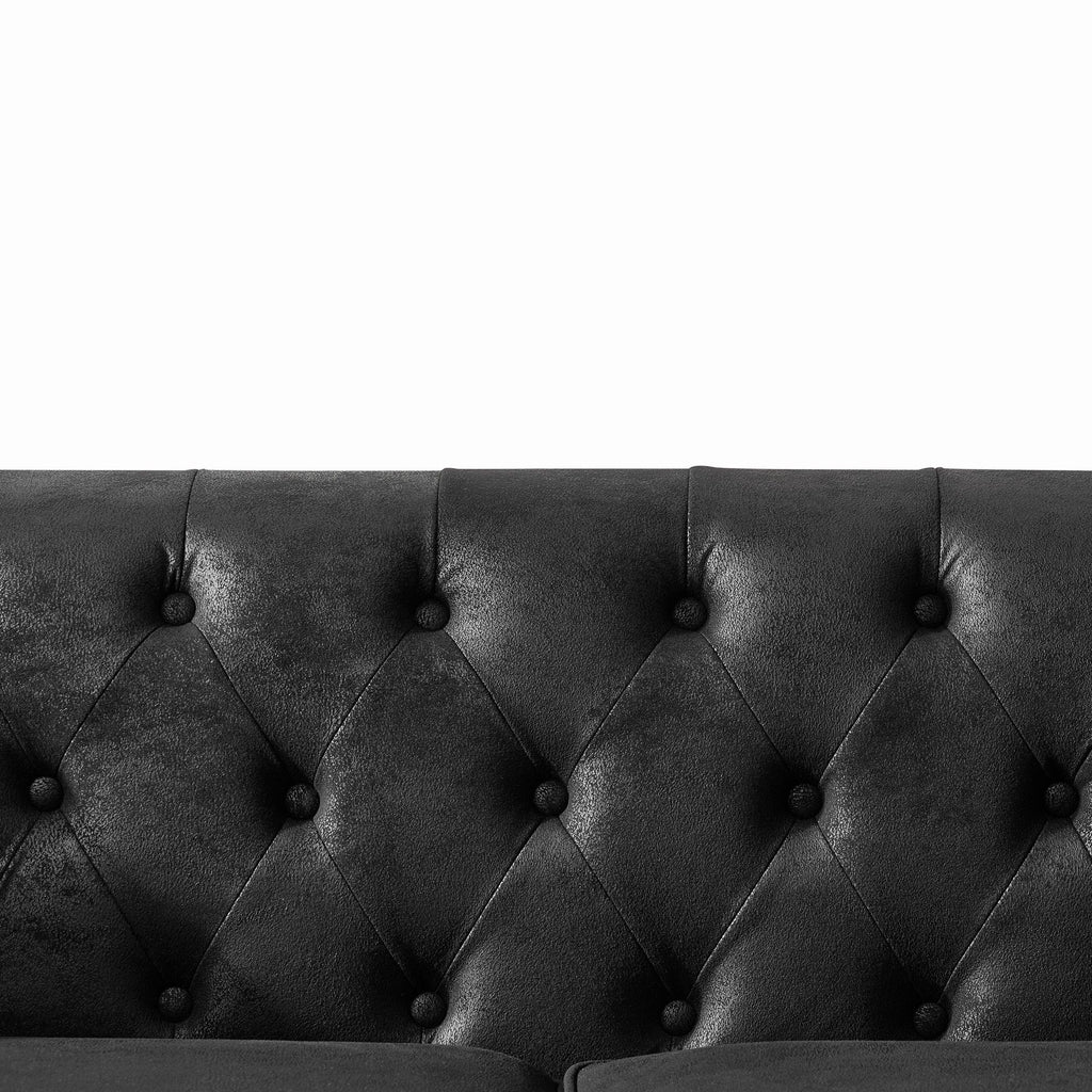 Chesterfield Sofa, High Tech Fabric Roll Armrest, 3 Seater Couch - Black