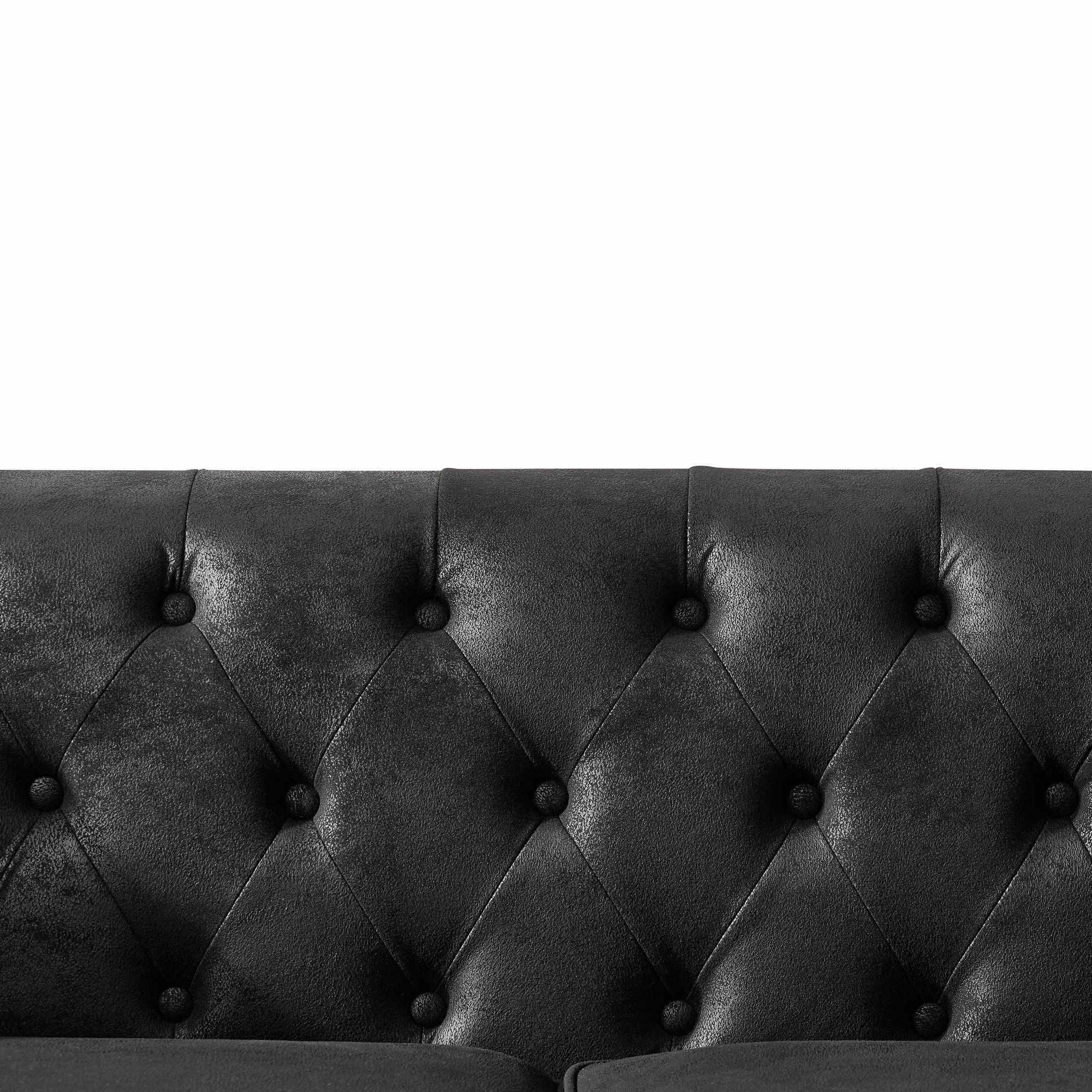 Chesterfield Sofa, High Tech Fabric Roll Armrest, 3 Seater Couch - Black