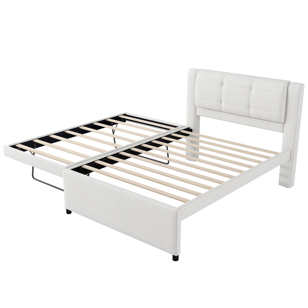 Upholstery Platform Bed With Trundle, Trundle Can Be Flat Or Erected