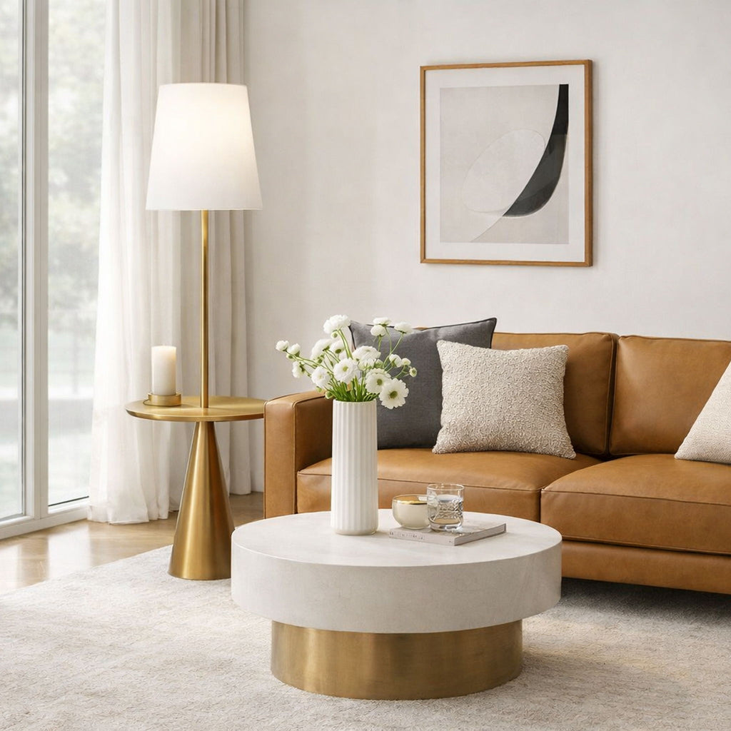 Celestial - Modern Floor Lamp With Accent Table With Large Shade - Gold / White