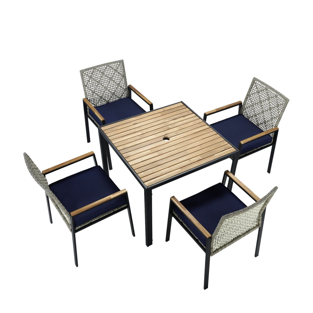 5 Piece Patio Dining Table Set, Acacia Wood Table Top With Umbrella Hole