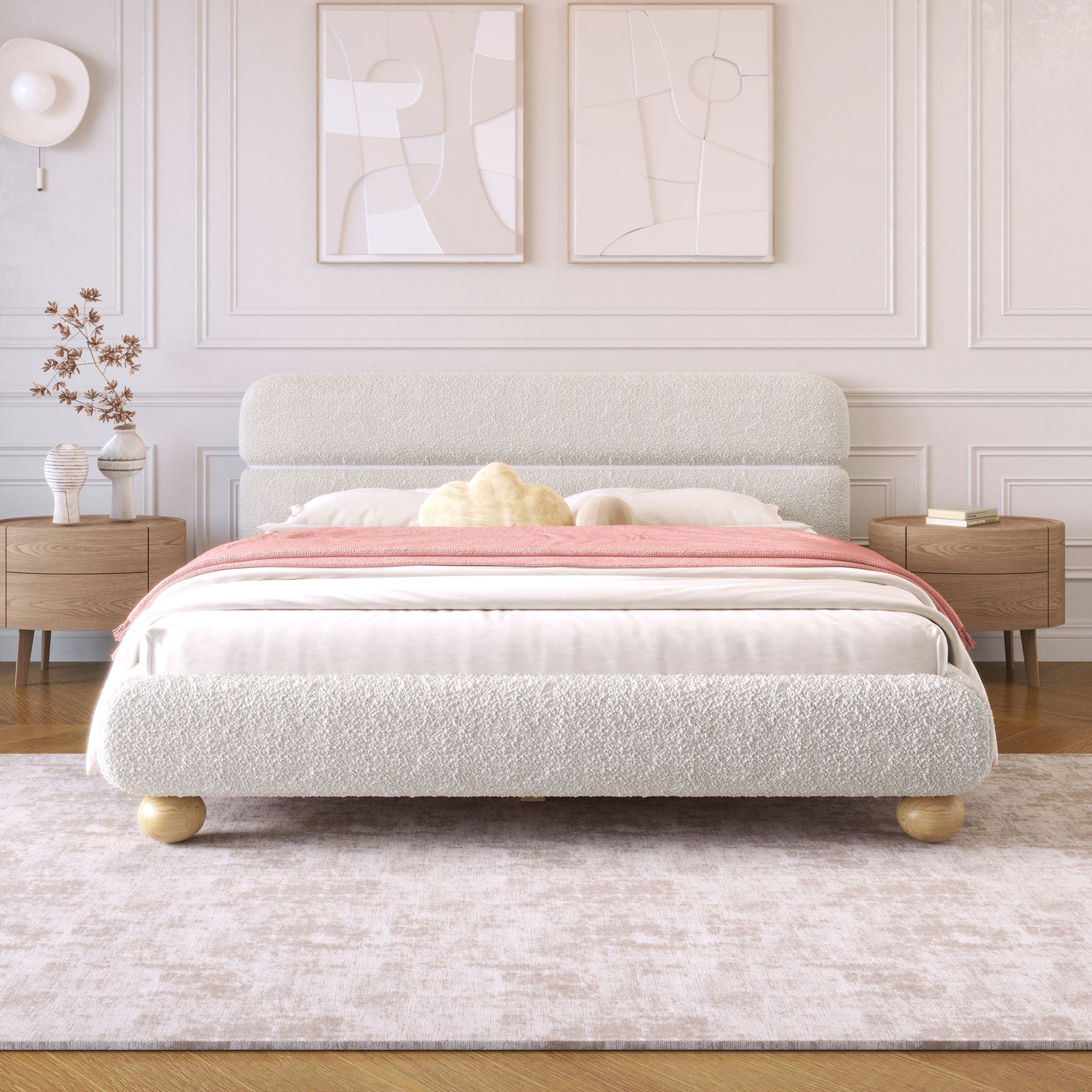 Queen Size Low Profile Upholstered Bed - White