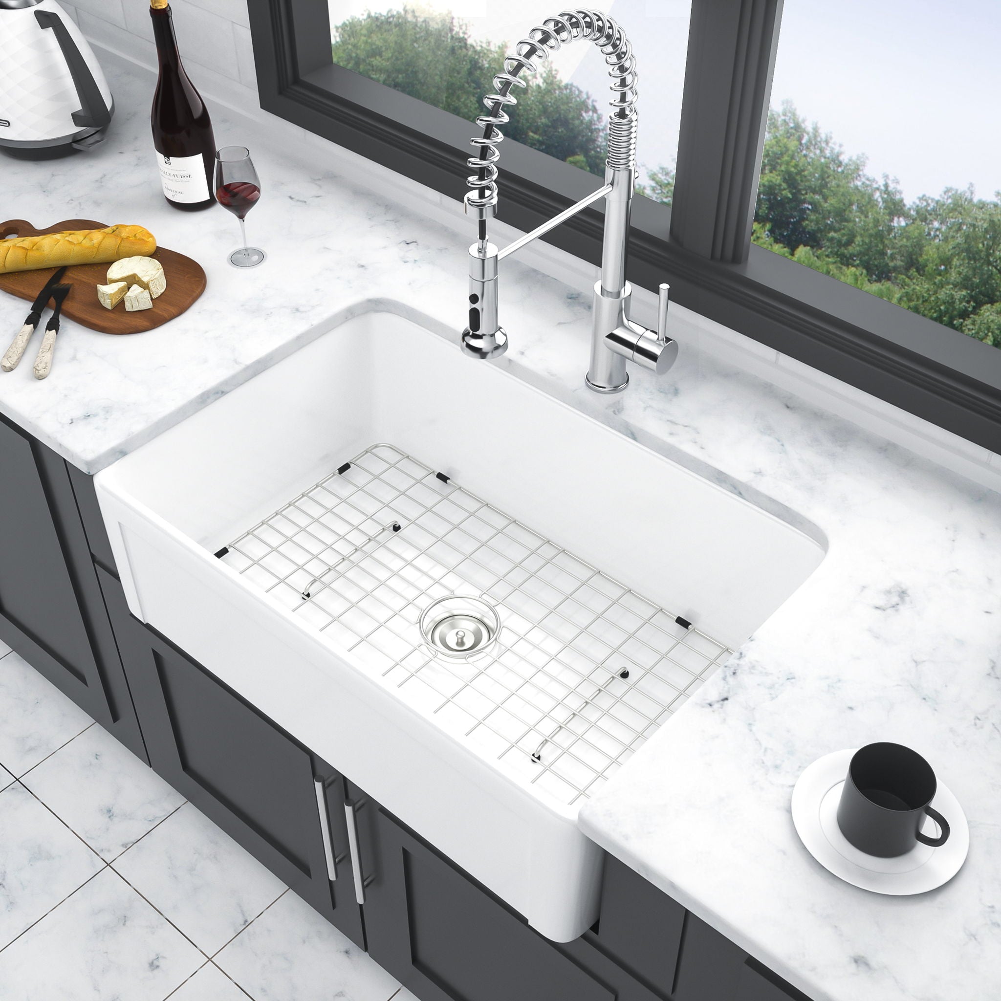 Apron Front Reversible Single Bowl Kitchen Sink & Grid And Strainer