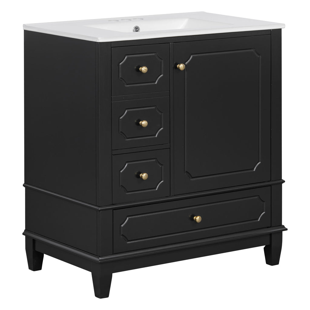 Bathroom Vanity With Sink, Freestanding Vanity Cabinet With Ceramic Basin, Soft Close Door, 3 Drawers