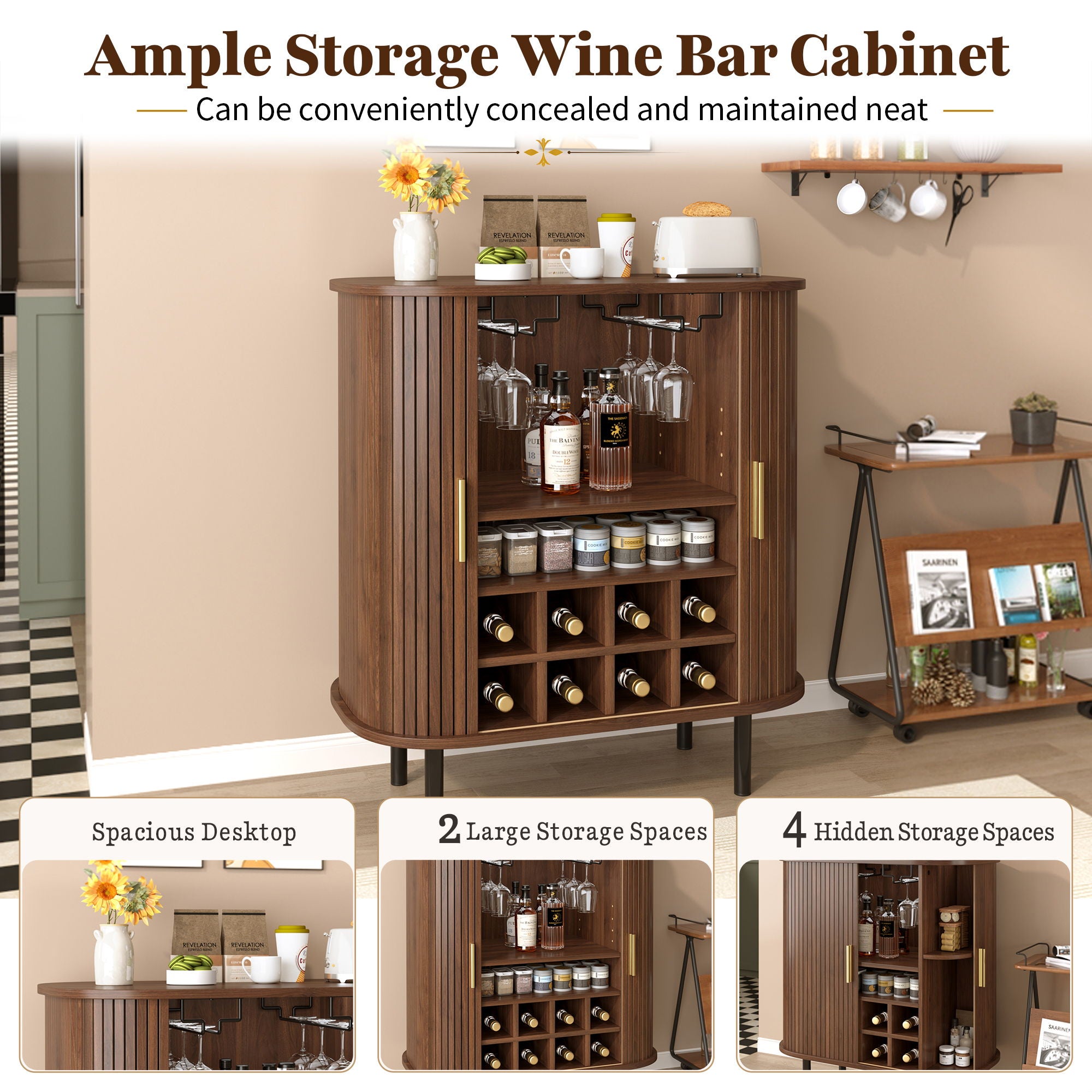 Fluted Wine Bar Cabinet With 8 Grid Wine Rack, 5 Level Adjustable Shelves, 2 Glass Holders
