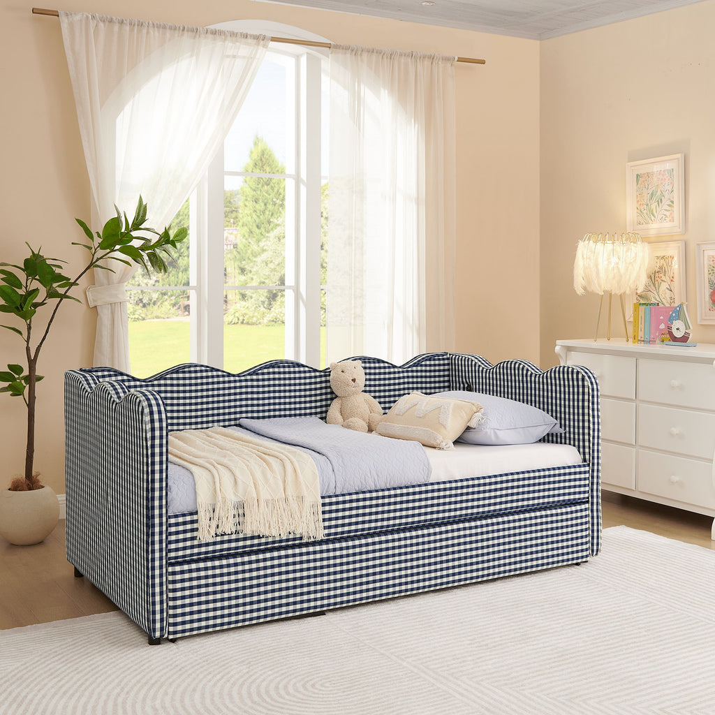 Gingham Daybed With USB Charging Port, Wave-Shaped Design