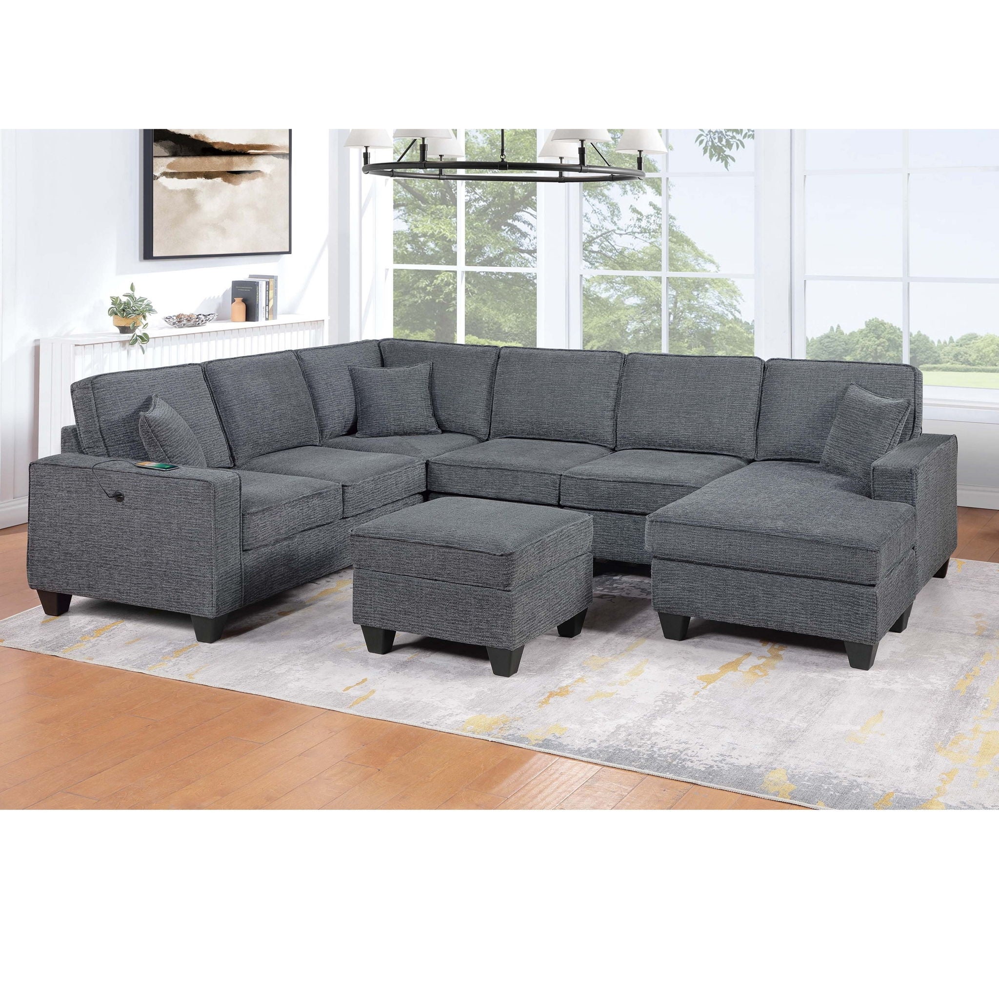 5 Piece Sectional Set Left Arm Loveseat With USB Port Corner Wedge Ottoman Armless Chair Right Arm Loveseat With Chaise - Gray / Slate