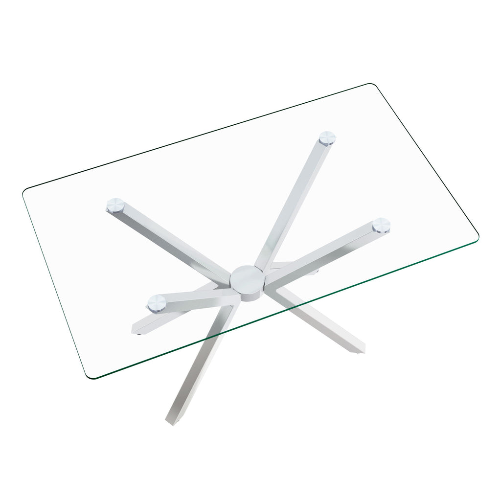 Rectangular Clear Tempered Glass Dining Table, Stylish Design With Plated Metal Legs