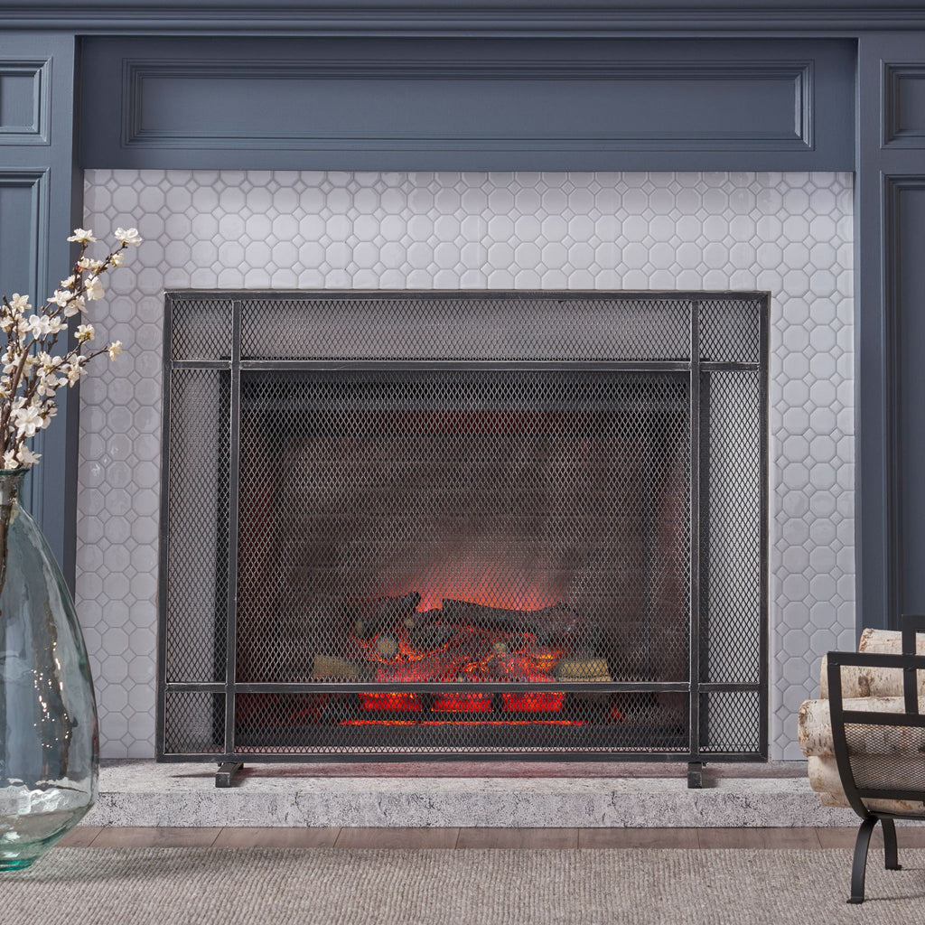 Markus - Modern Single Panel Iron Firescreen Black Brushed Silver