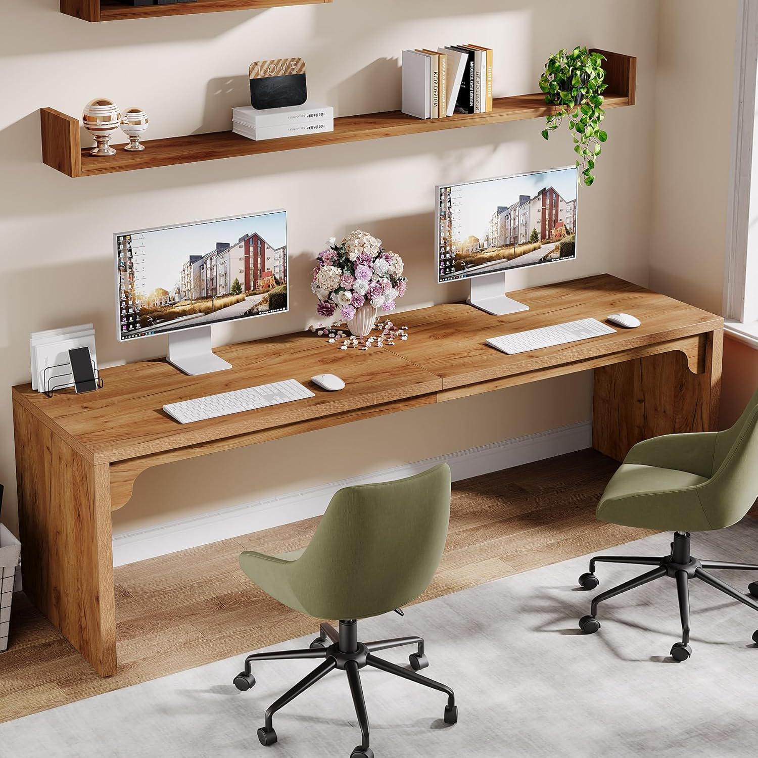 Extra Long 2 Person Computer Desk, Large Workstation - Brown