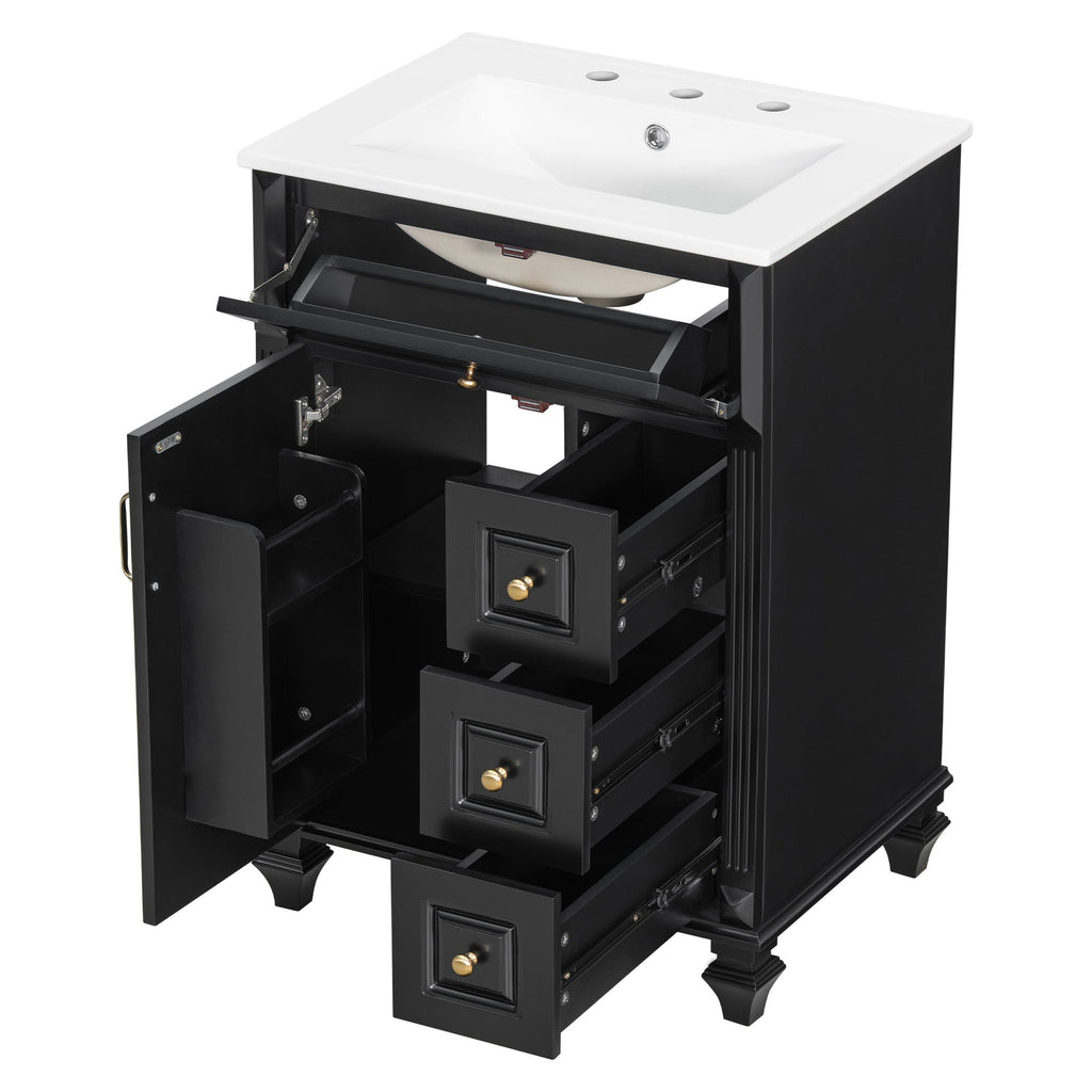 Freestanding Bathroom Vanity With Sink, 3 Drawers & Flip-Out Drawer
