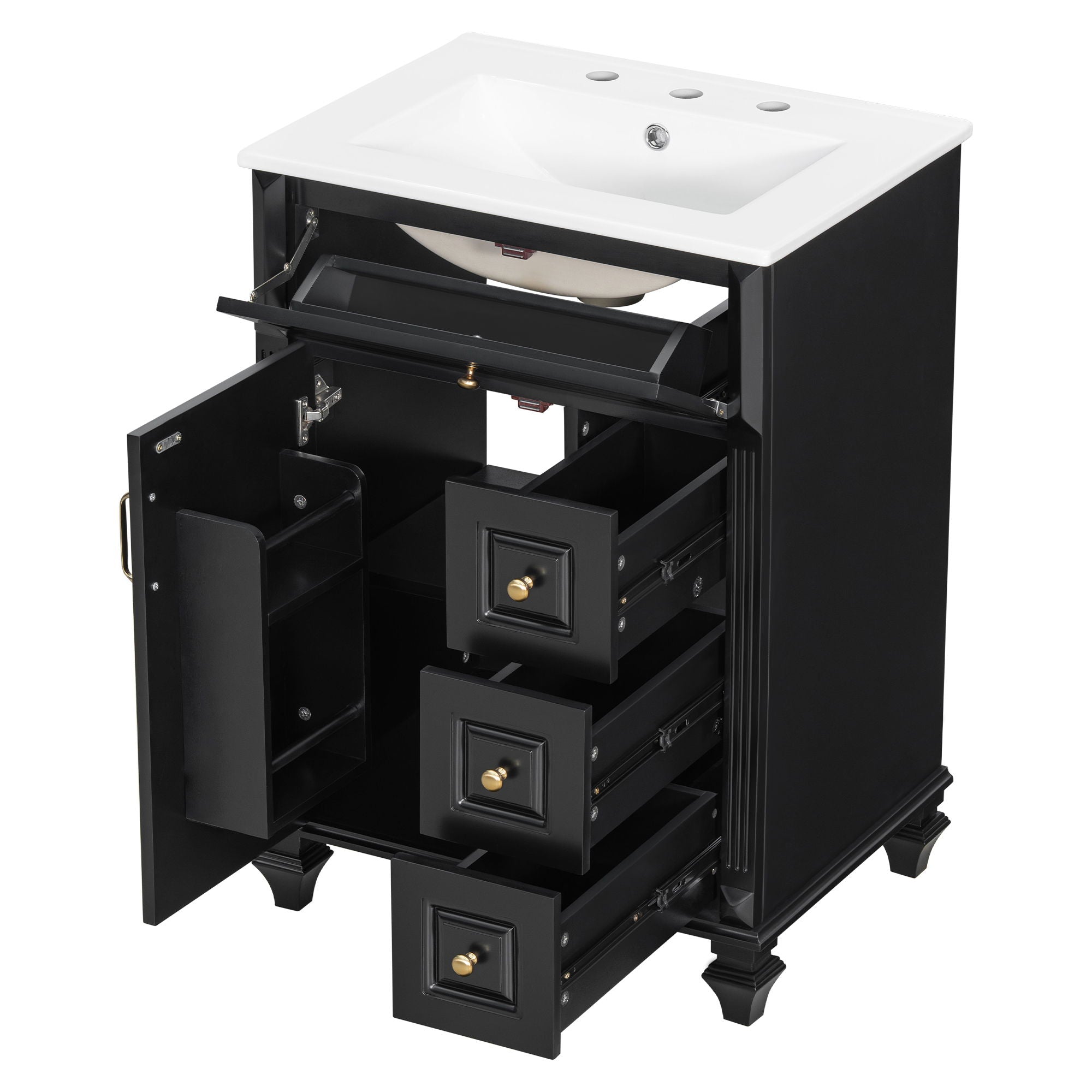 Freestanding Bathroom Vanity With Sink, 3 Drawers & Flip-Out Drawer