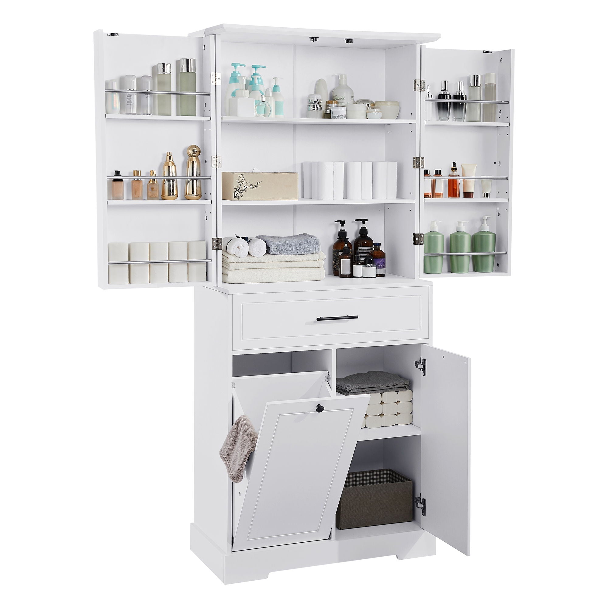 Freestanding Bathroom Storage Cabinet With Doors, Drawers, And Tilt Out Laundry Hamper - White