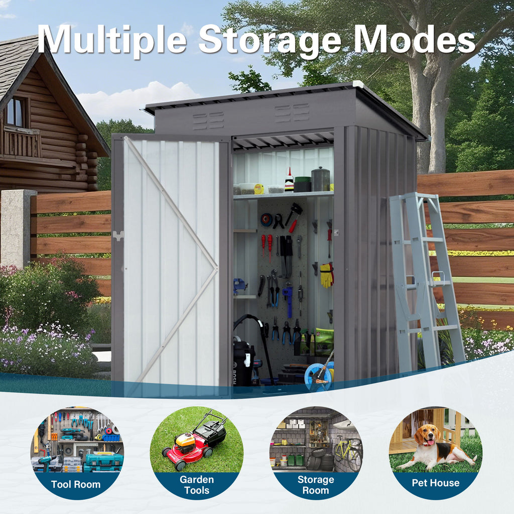 5 X 3 Ft Durable Metal Shed Outdoor Storage Shed With Pitched Roof And Lockable Door - Gray