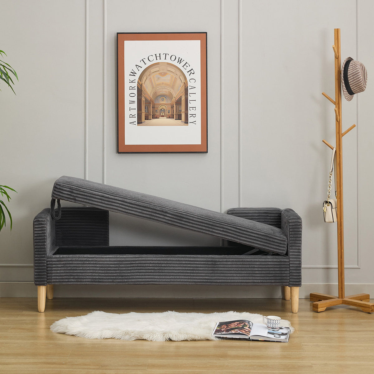 Upholstered Corduroy Flip Top Storage Bench For Living Room
