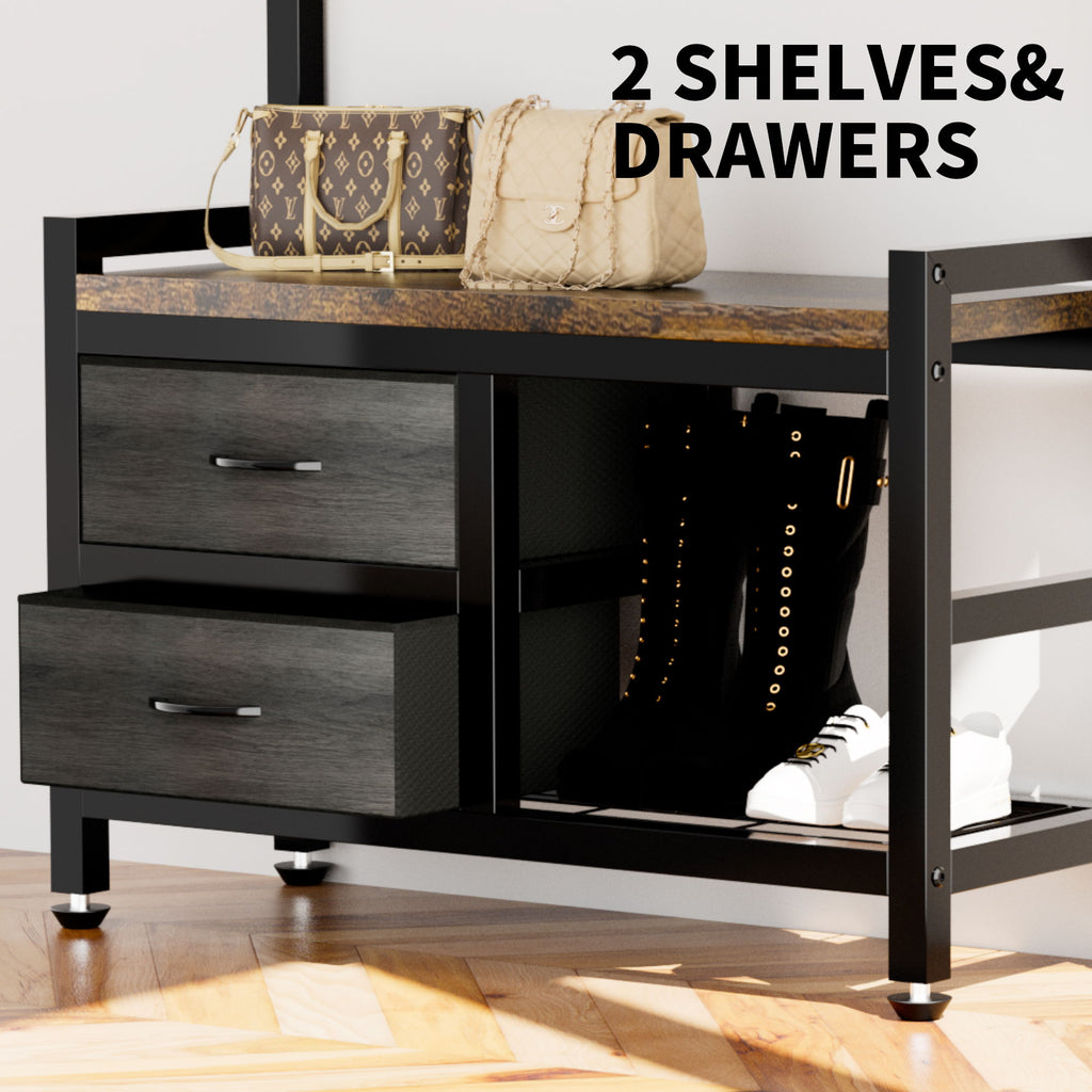 Hall Tree With 2 Movable Drawers, Shoe Storage, Shelves, Garment Racks, And 23 Hooks For Entryway - Rustic Brown