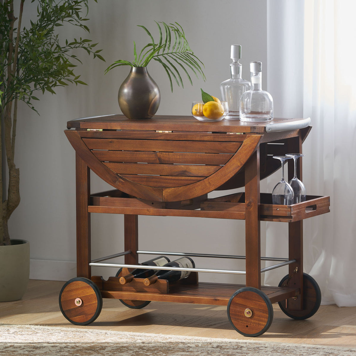 Wood And Aluminum Bar Cart With 2 Shelves - Oak / Silver