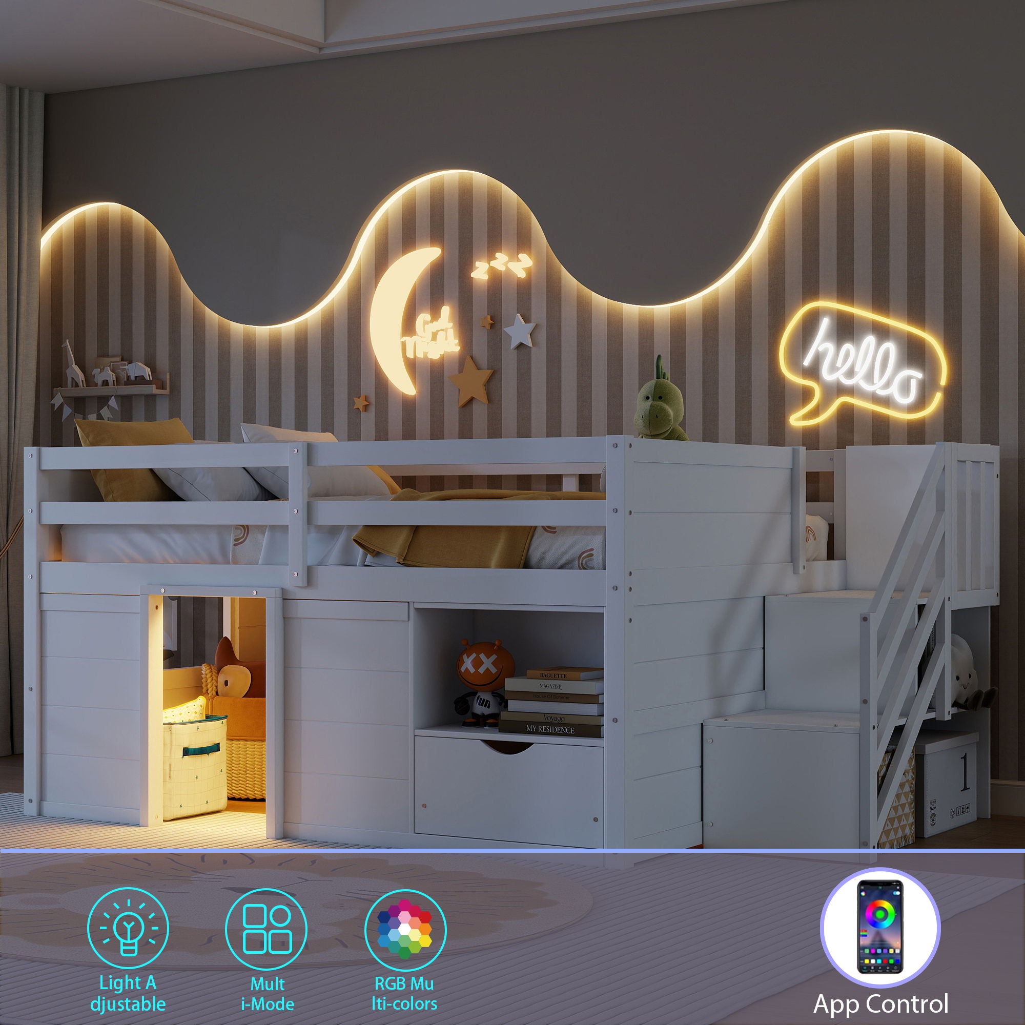 Low Loft Bed Frame With Built In Stairs, Storage Drawer, Shelf And 7 Color LED Light