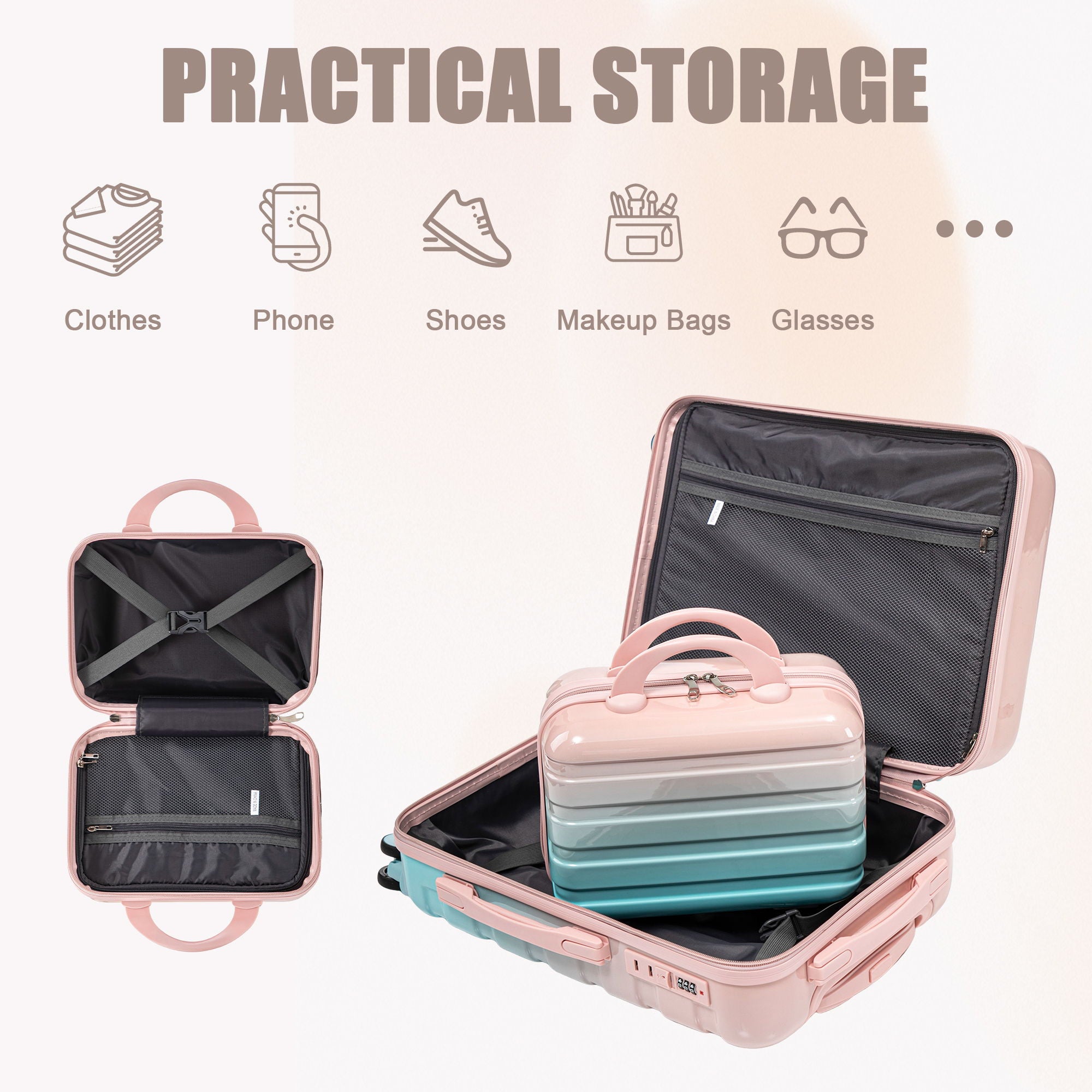 Luggage Set 14" / 20" With Combination Lock And Cosmetic Case