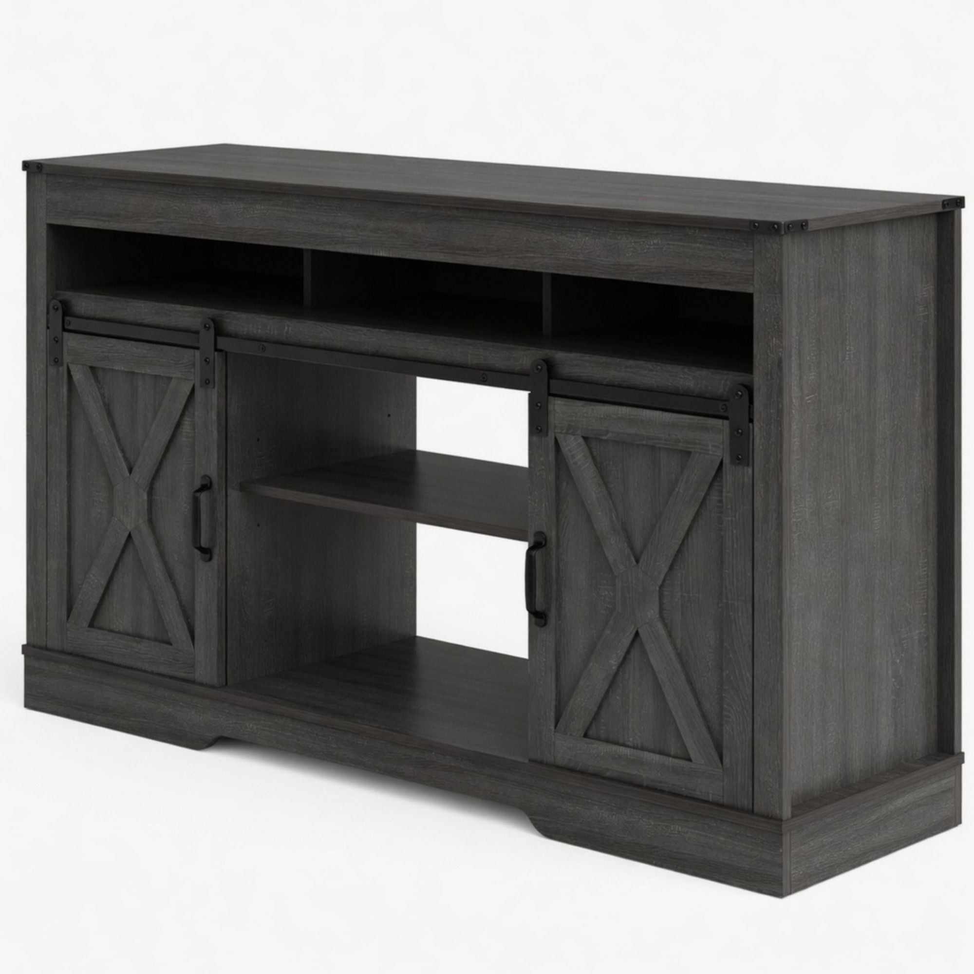 Farmhouse TV Stand With Sliding Barn Doors & Adjustable Storage