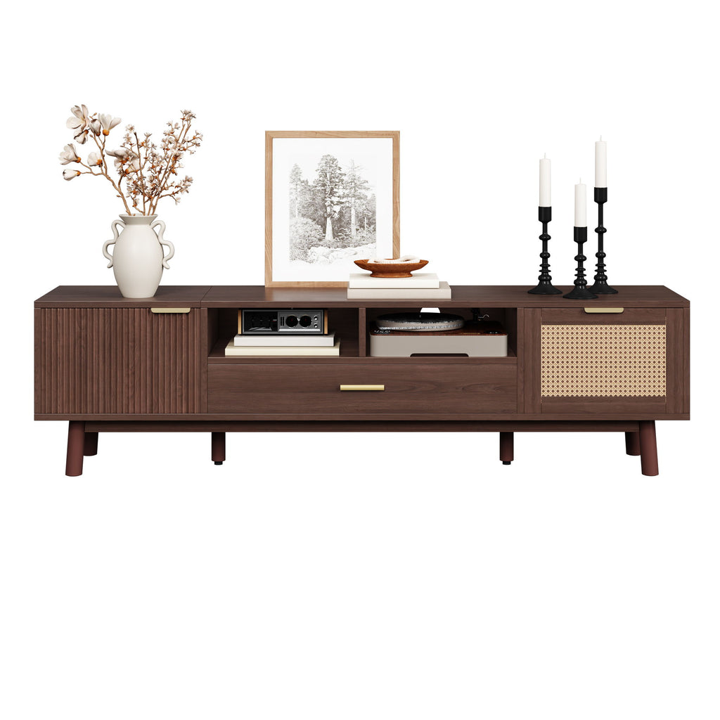 TV Stand For 75" TVs With Soft Closing Doors, Console With Accents And Drop Down Cabinet - Dark Brown