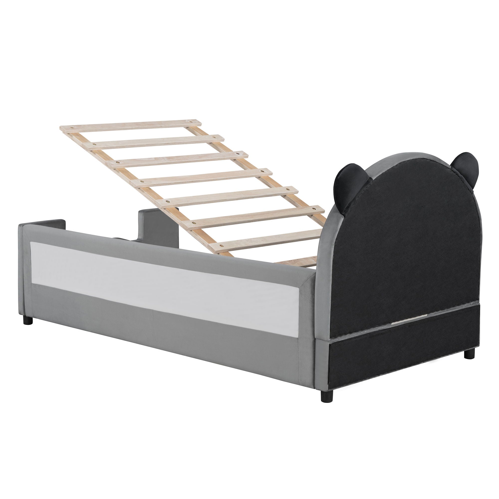 Upholstered Daybed With Bear Shaped Headboard, Hydraulic System And Breathable Fence