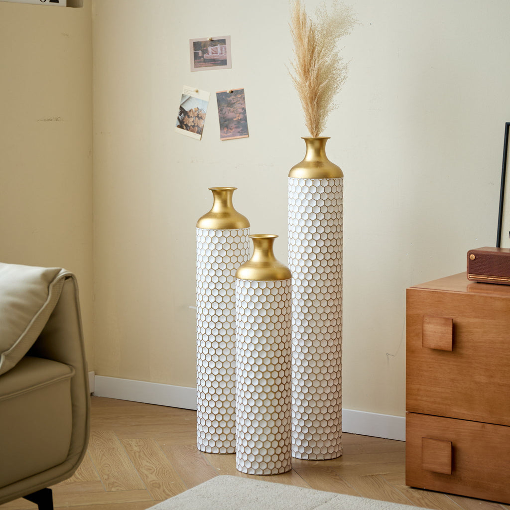 3 Piece Set Gorgeous Home Decoration Large Glazed Floor Vase Decoration Home Droplet Shaped - Gold / White