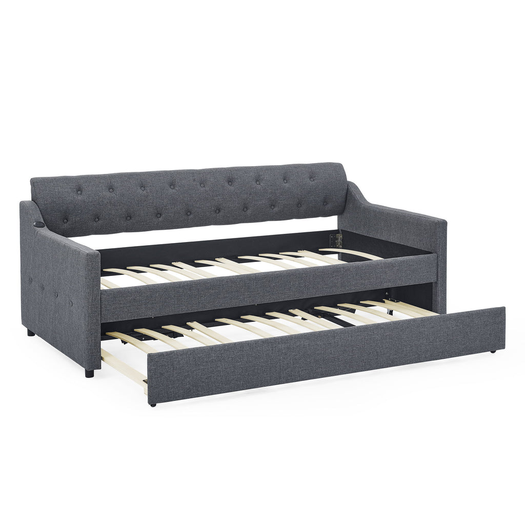 Daybed With Trundle And Storage Drawers, Flat Arms With Pocket