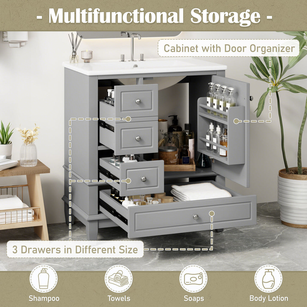Freestanding Bathroom Vanity With Sink, Soft Close Door, 3 Drawers