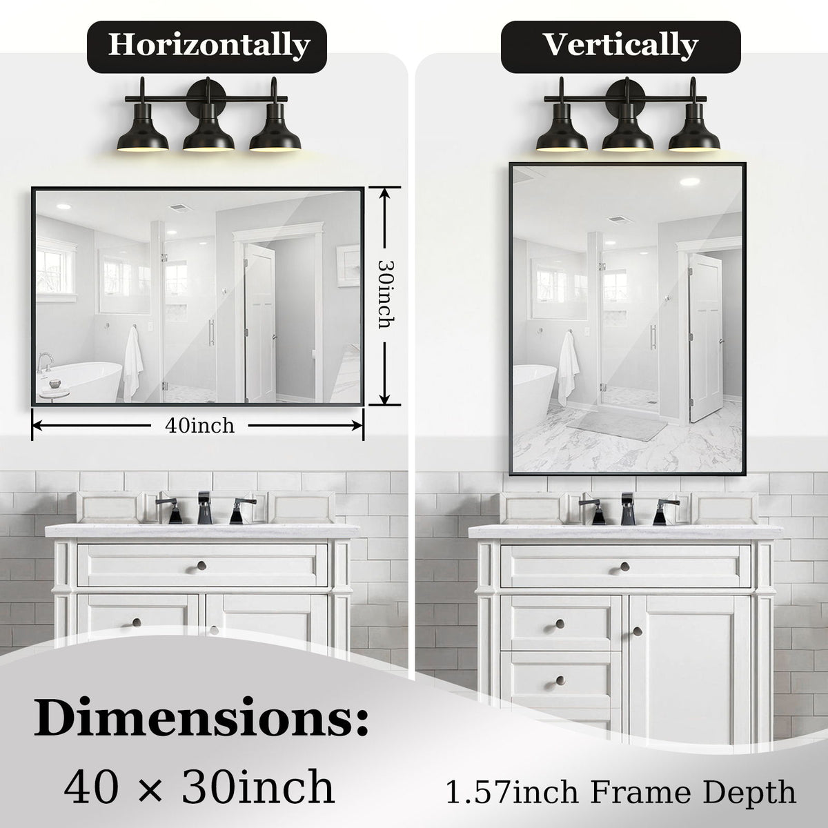 40X30" Glossy Bathroom Mirrors For Wall Rectangle Vanity Mirror Corner Hangs Farmhouse Mirror Modern Metal Framed Rectangular Mirror, Decorative Square Corner Mirror (Horizontal & Vertical) - Black