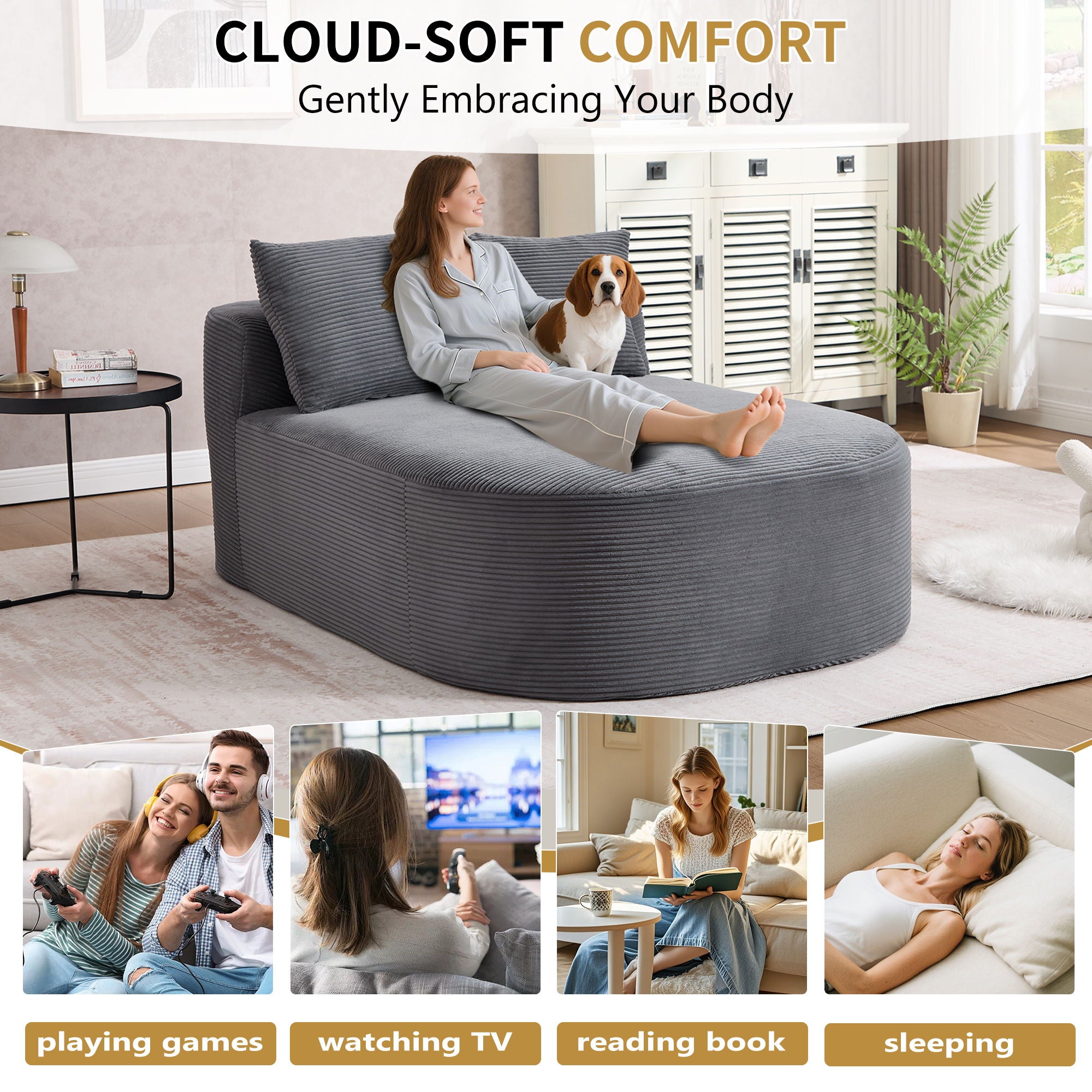 Oversized Chaise Lounge Sofa Bed With Deep Seat And Soft Pillows