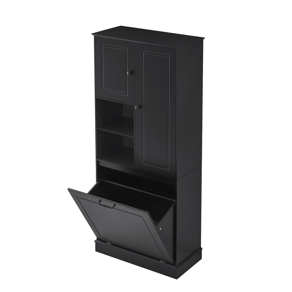Modern Tall Storage Cabinet With Adjustable Shelves, Flip-Out Basket & Enclosed Doors